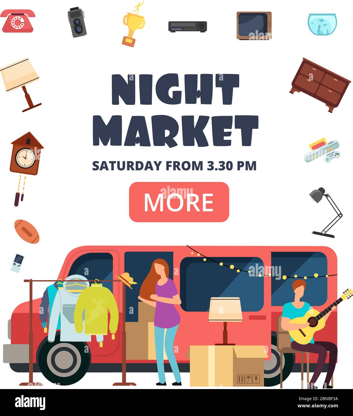 Night market, street bazaar invitation poster. Flea markets vector flyer. Flea market for hipster, marketplace selling illustration Stock Vector