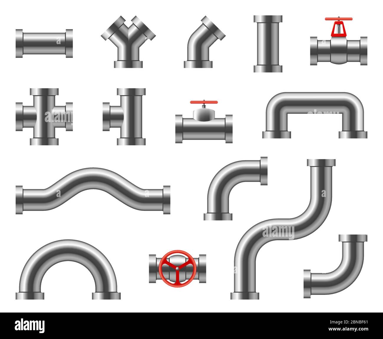 Steel pipes. Metal pipeline connectors, fittings, valves, industrial plumbing for water and gas vector set isolated. Illustration of pipeline and pipe part for water or oil Stock Vector