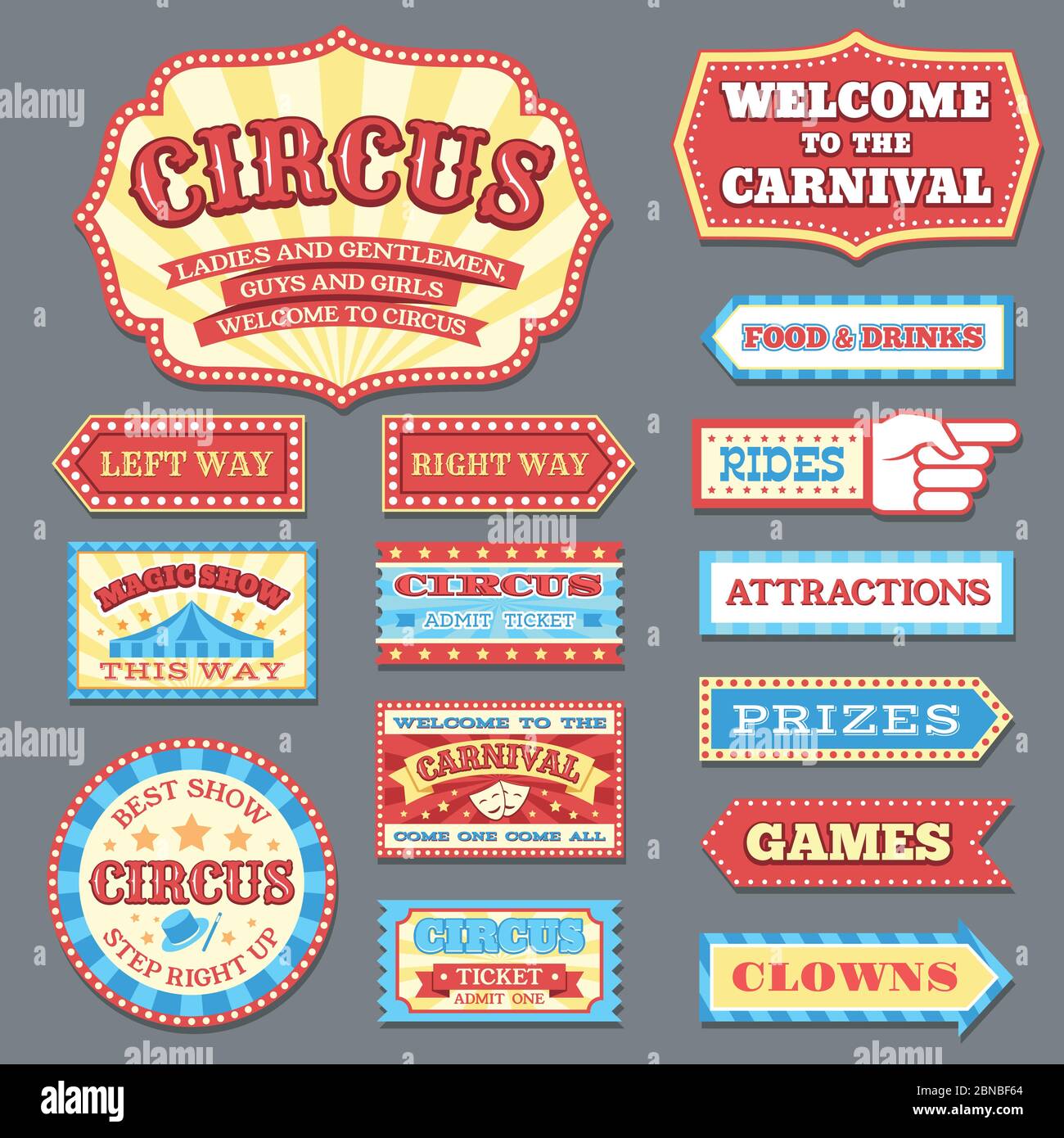 Vintage circus labels and carnival signboards vector collection. Illustration of circus label ...
