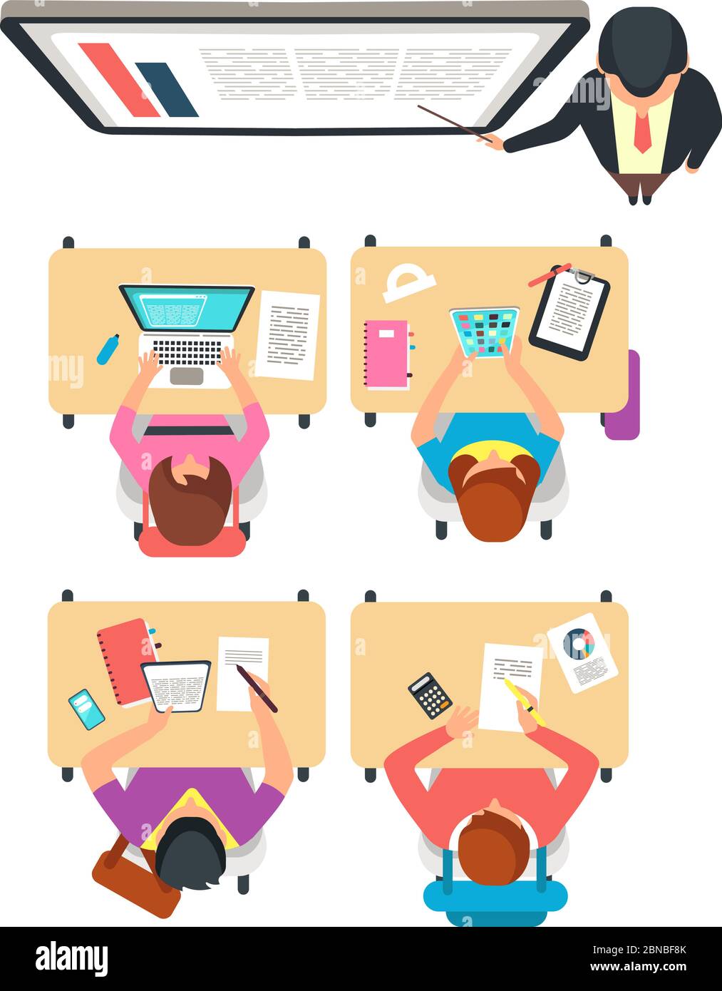 Class top view. Students and teacher learning in college classroom with blackboard vector illustration. School class education, teacher college training Stock Vector