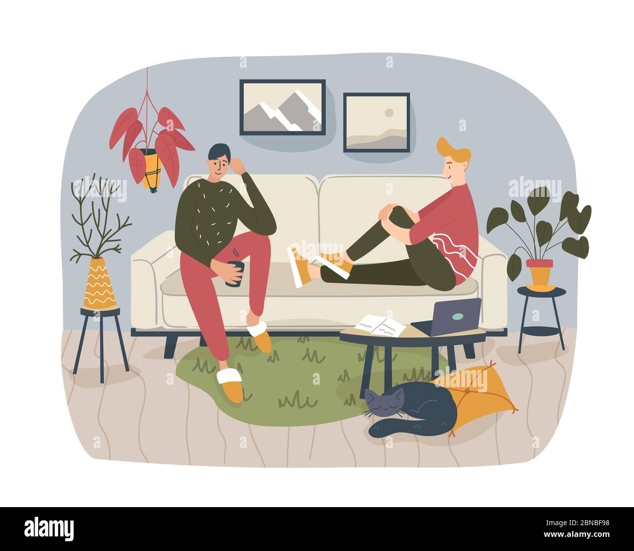 Two Friends Students Or Brothers Sitting On The Comfortable Sofa At Home And Talking To Each Other Sharing Thoughts And Ideas In Nice And Cozy Atmos Stock Vector Image Art alamy