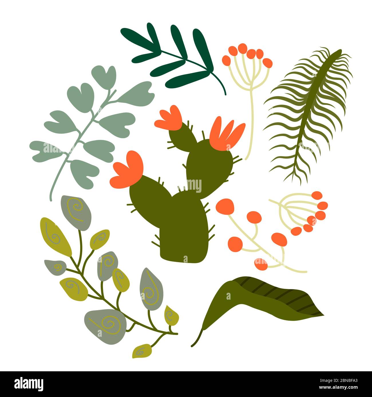 Pattern set of a lot of different green tropical exotic leaves, plants with long branches and flowers on white background. Collection of completed and Stock Vector
