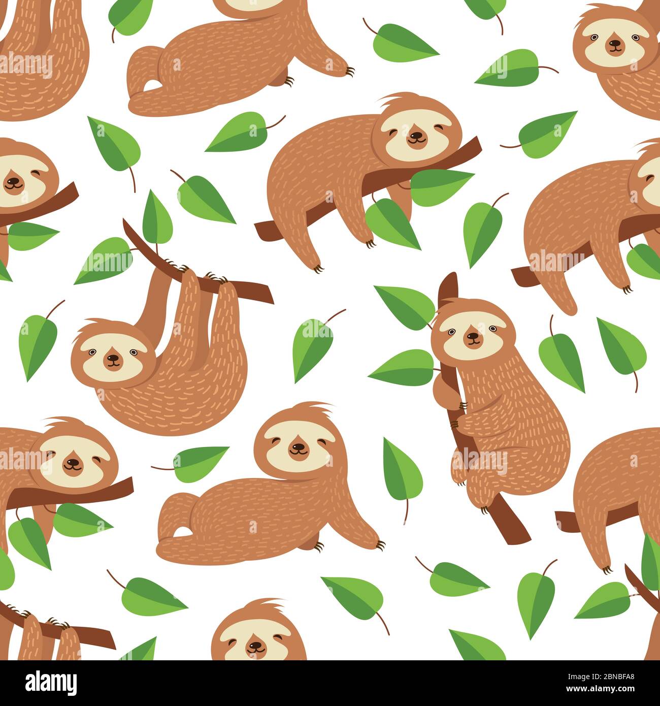 Cute baby sloth bear. Tropical bedroom vector seamless pattern. Illustration of sloth lazy endless background Stock Vector