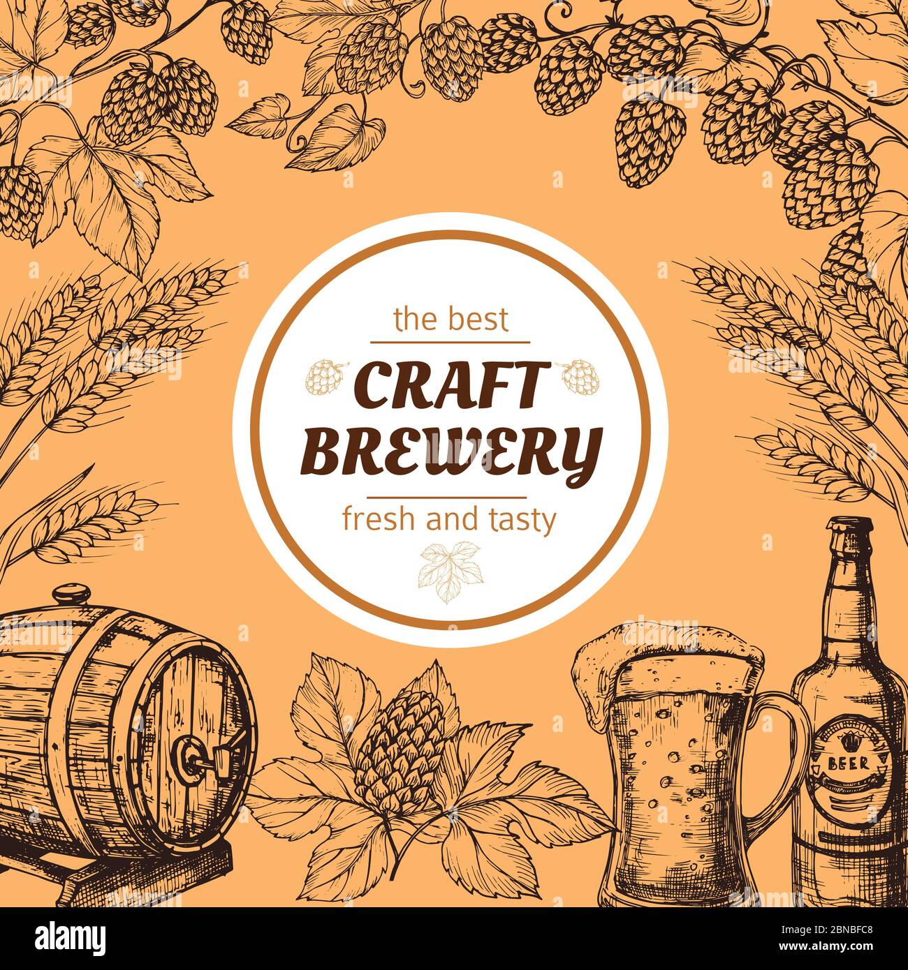 Doodle sketch brewery vintage vector poster with beer and hops. Beer