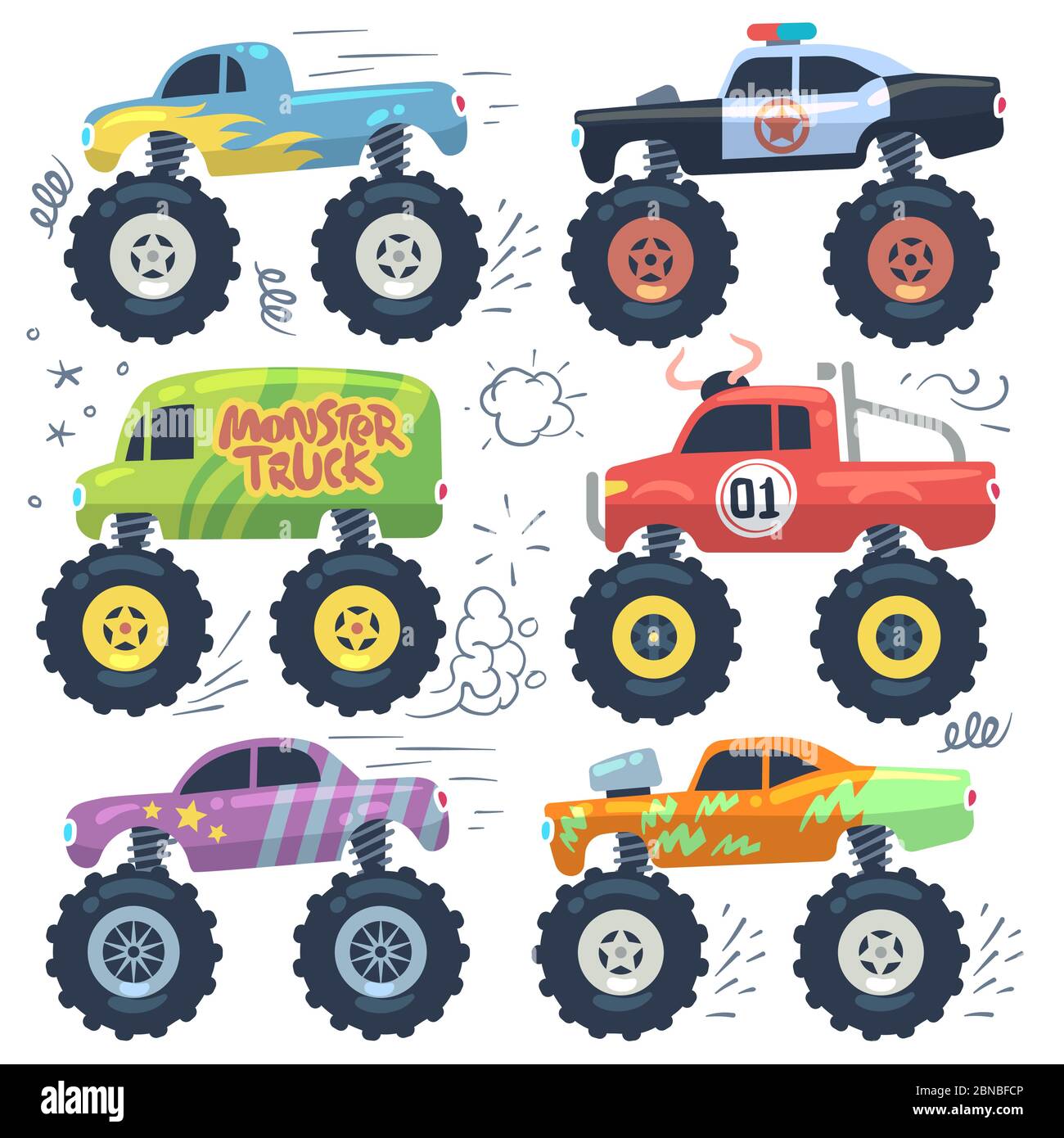 Monster cars. Cartoon cars with big wheels. Isolated vector set. Illustration of transportation monster truck collection Stock Vector