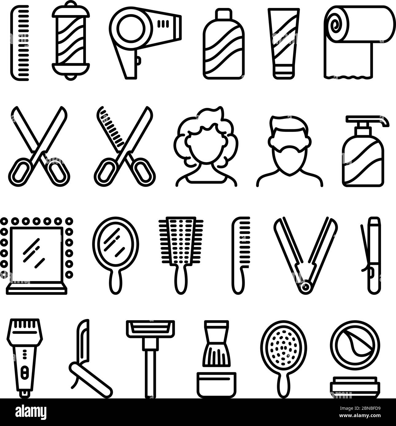Hair salon icons. Beautiful hairstyle and haircut vector line symbols.  Illlustration of equipment barbershop shampoo and comb, brush and scissors  outline Stock Vector Image & Art - Alamy