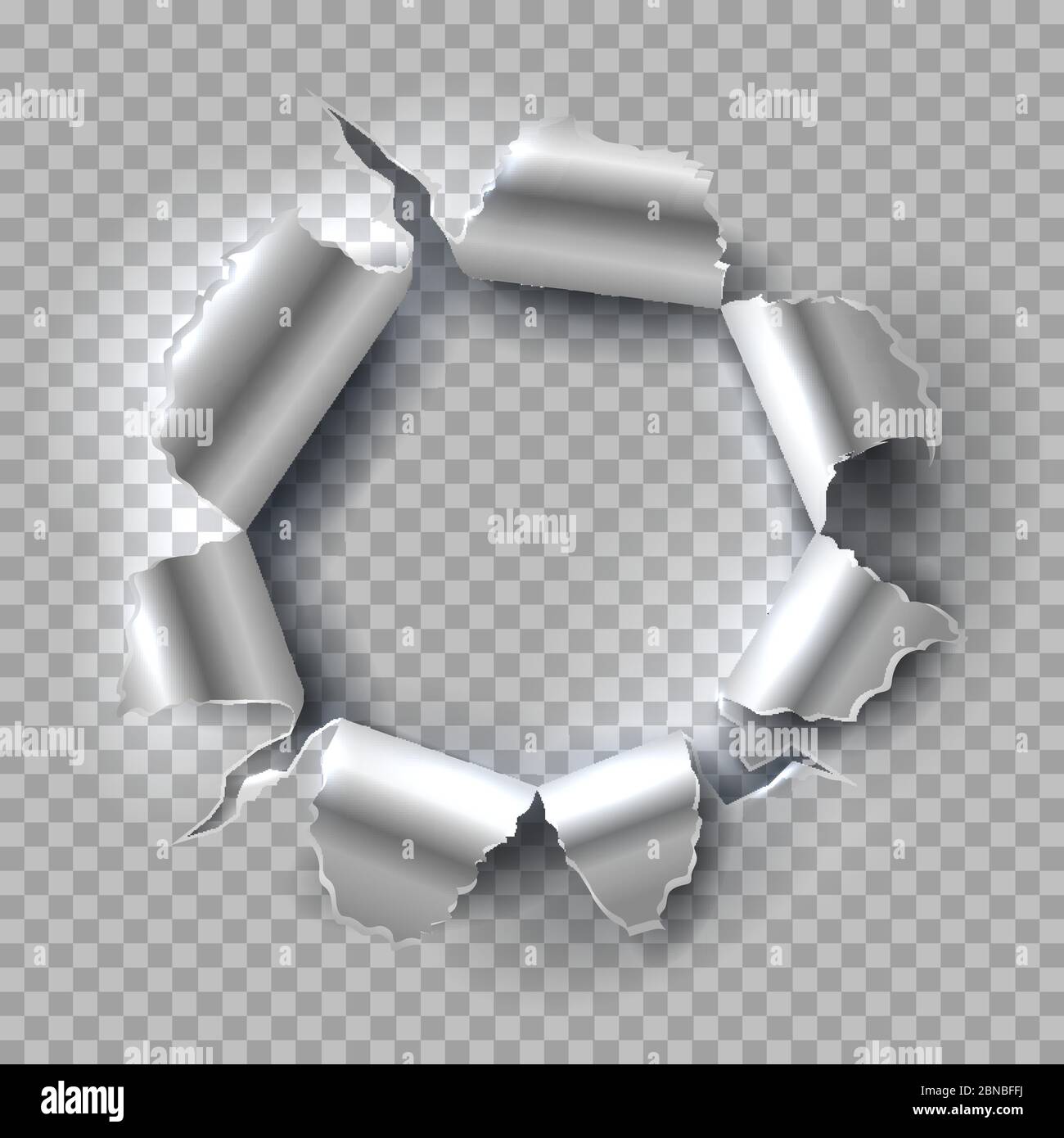 Metal hole. Exploding steel with torn, ripped edges isolated on transparent background. Vector grunge background. Illustration of hole in metal, break and torn aperture Stock Vector