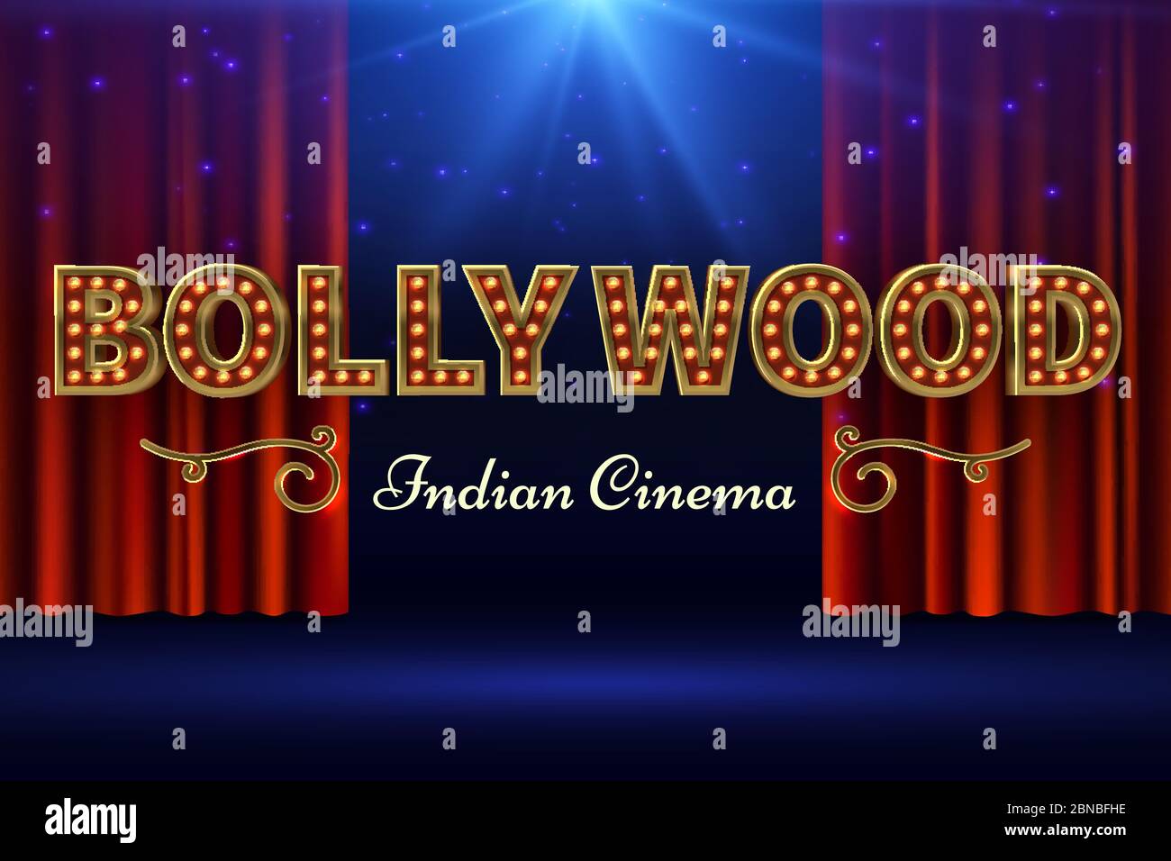 Bollywood indian film. Vintage movie poster with old stage and red curtain. Vector illustration. Bollywood cinema banner, movie cinematography industry Stock Vector