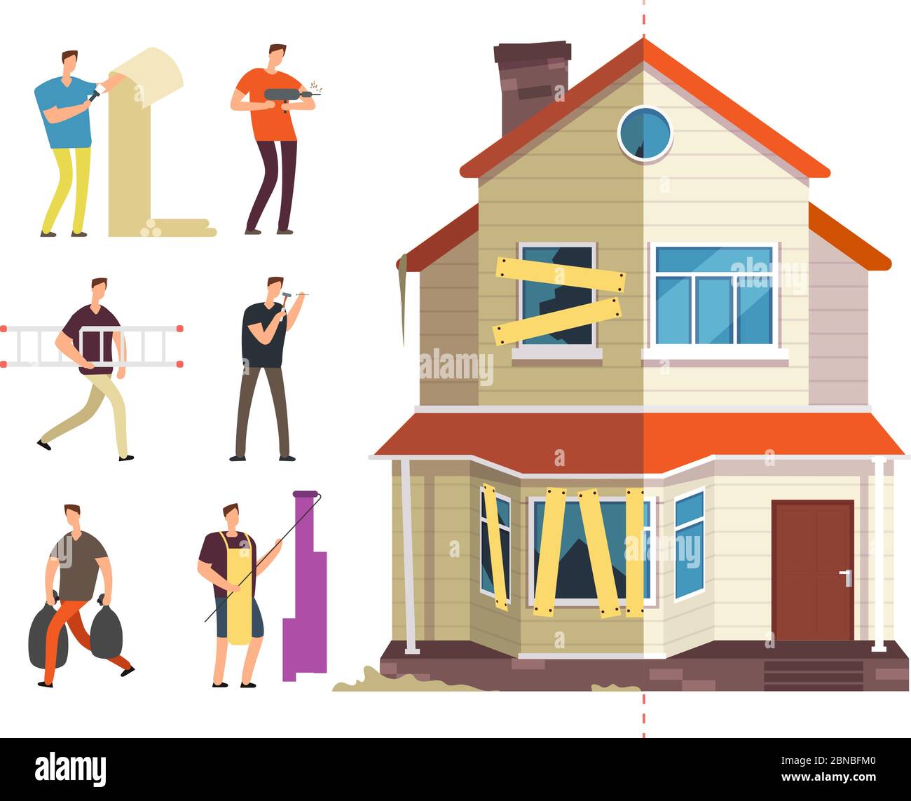 Old and new home. Renovation of house with repairer people. Building maintenance service isolated vector concept. Renovation house and new, home, old exterior residential illustration Stock Vector