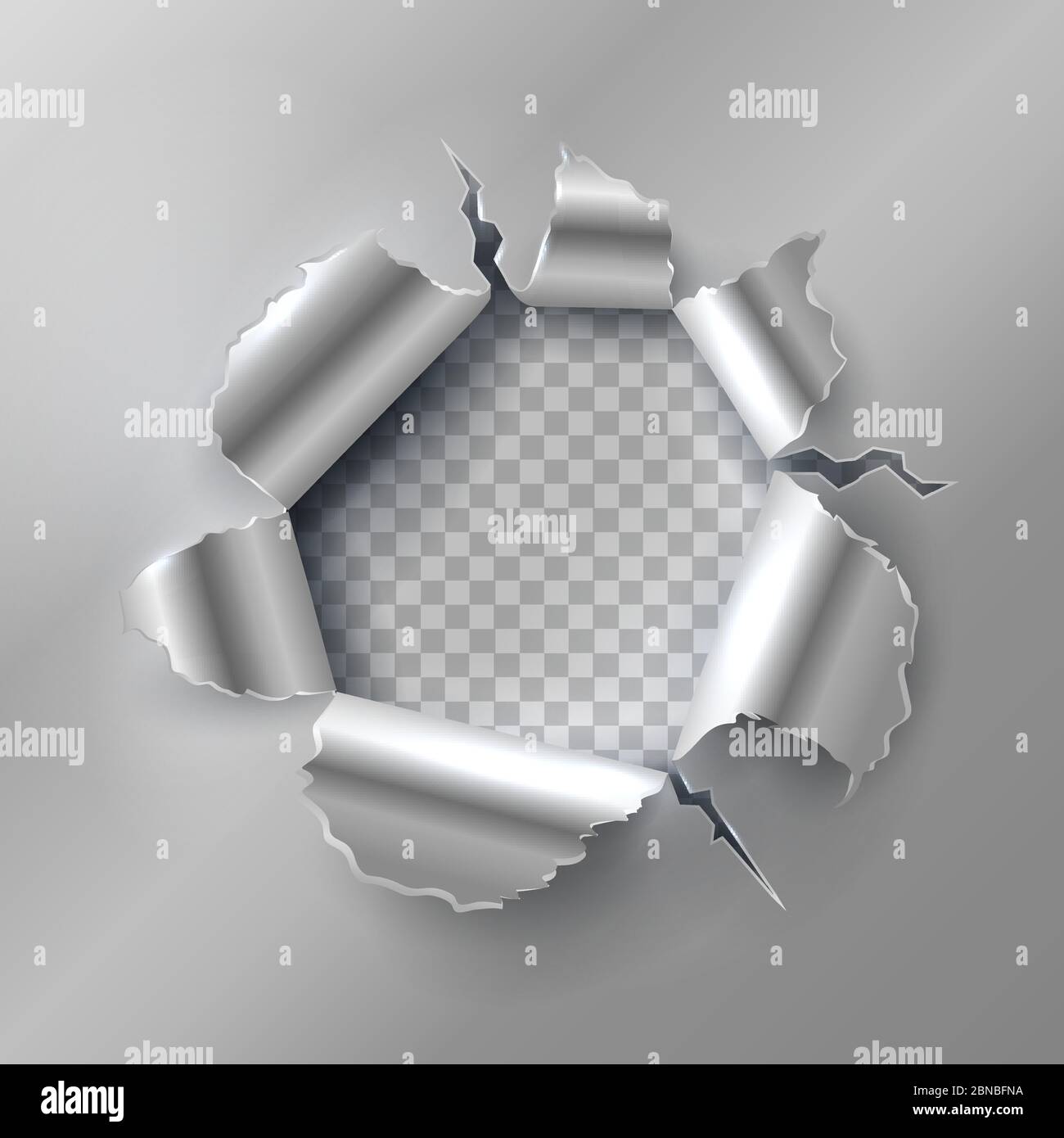 Bullet hole in metal. Opening with ripped steel edges. Vector illustration isolated on transparent background. Metallic aperture and edge projectile Stock Vector