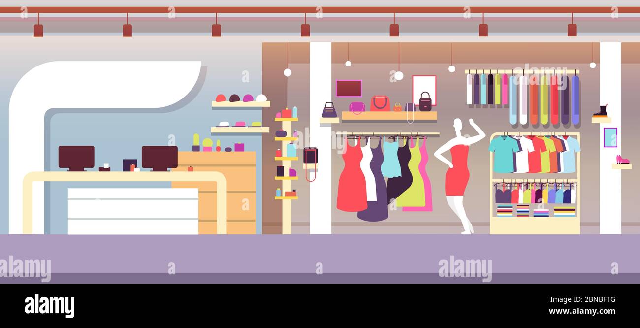 Fashion shop. Boutique fashion store with female clothes and women bags. Shopping mall vector interior. Illustration of wardrobe shop interior, illustration retail with clothes Stock Vector