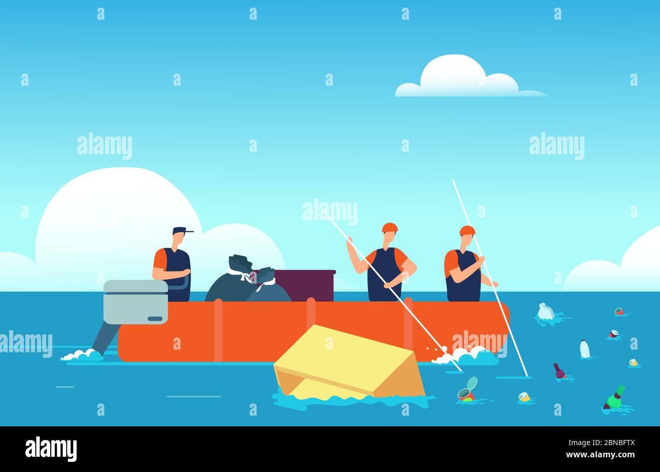 World ocean pollution. People in boat collecting plastic garbage in sea. Polluted water enviroment cartoon vector illustration. Ecology ocean water, trash plastic in sea Stock Vector