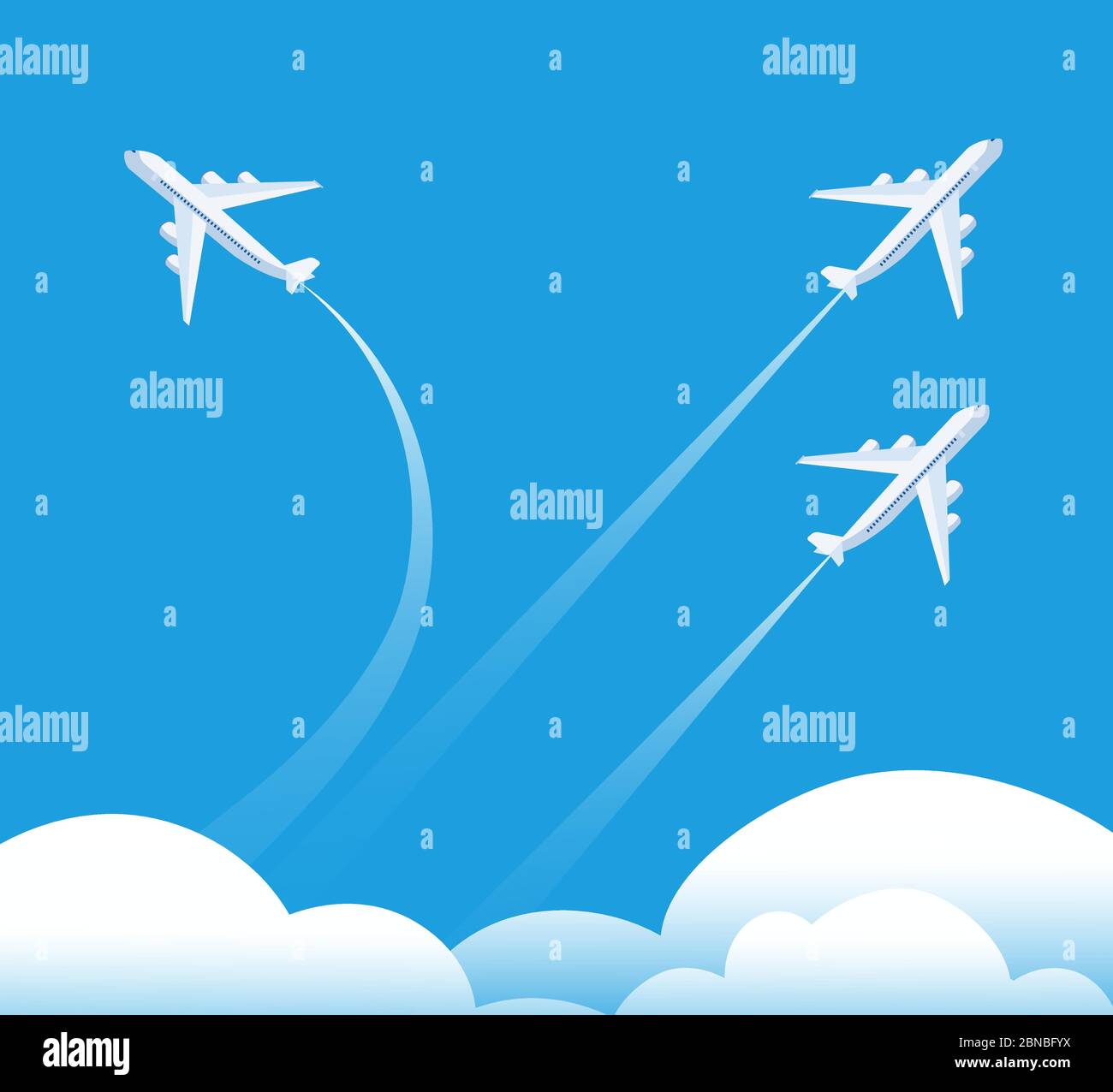 Changing direction concept. Airplane flying in different direction. New trend, unique idea and innovation way business background. Illustration of airplane way direction, creative strategy solution Stock Vector