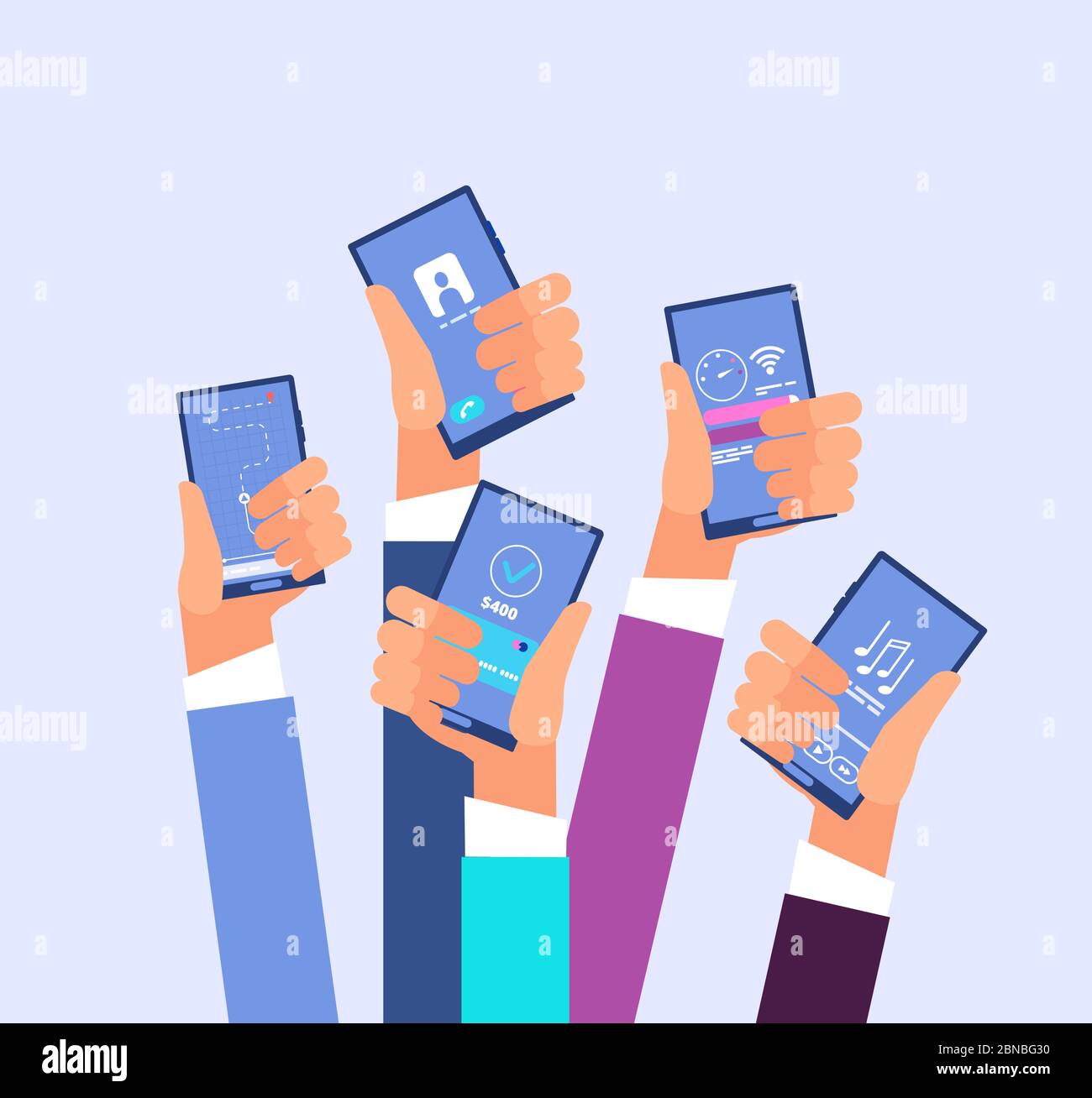 Mobile phone apps. Hands holding smartphones with different application and internet game. Vector illustration. Hand hold smartphone with app screen Stock Vector