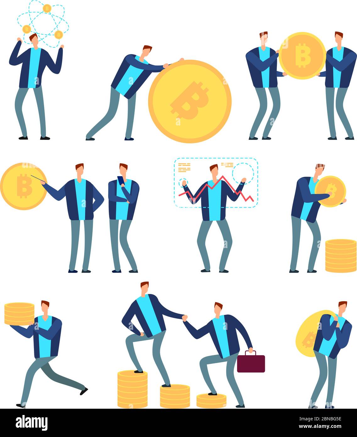Ico and blockchain concept. Business people with cryptocurrency and tokens. Globe digital mining and profit vector set. Business virtual coin, internet ico, startup with token illustration Stock Vector