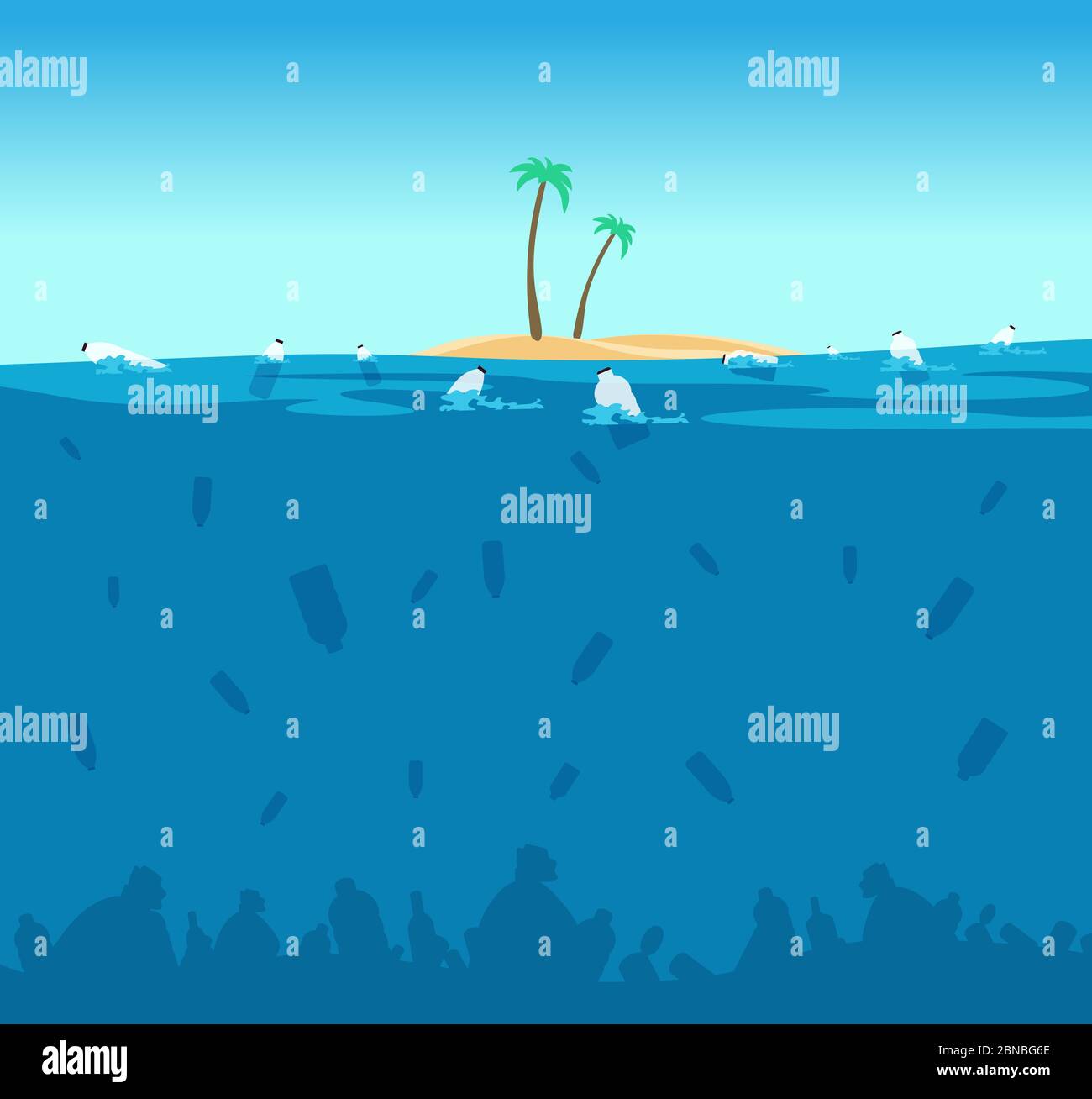 Plastic pollution of ocean. Bottles, plastic bags and debris on the seabed. Water environment protection eco vector concept. Illustration of ocean plastic pollution, island with green palm in sea Stock Vector