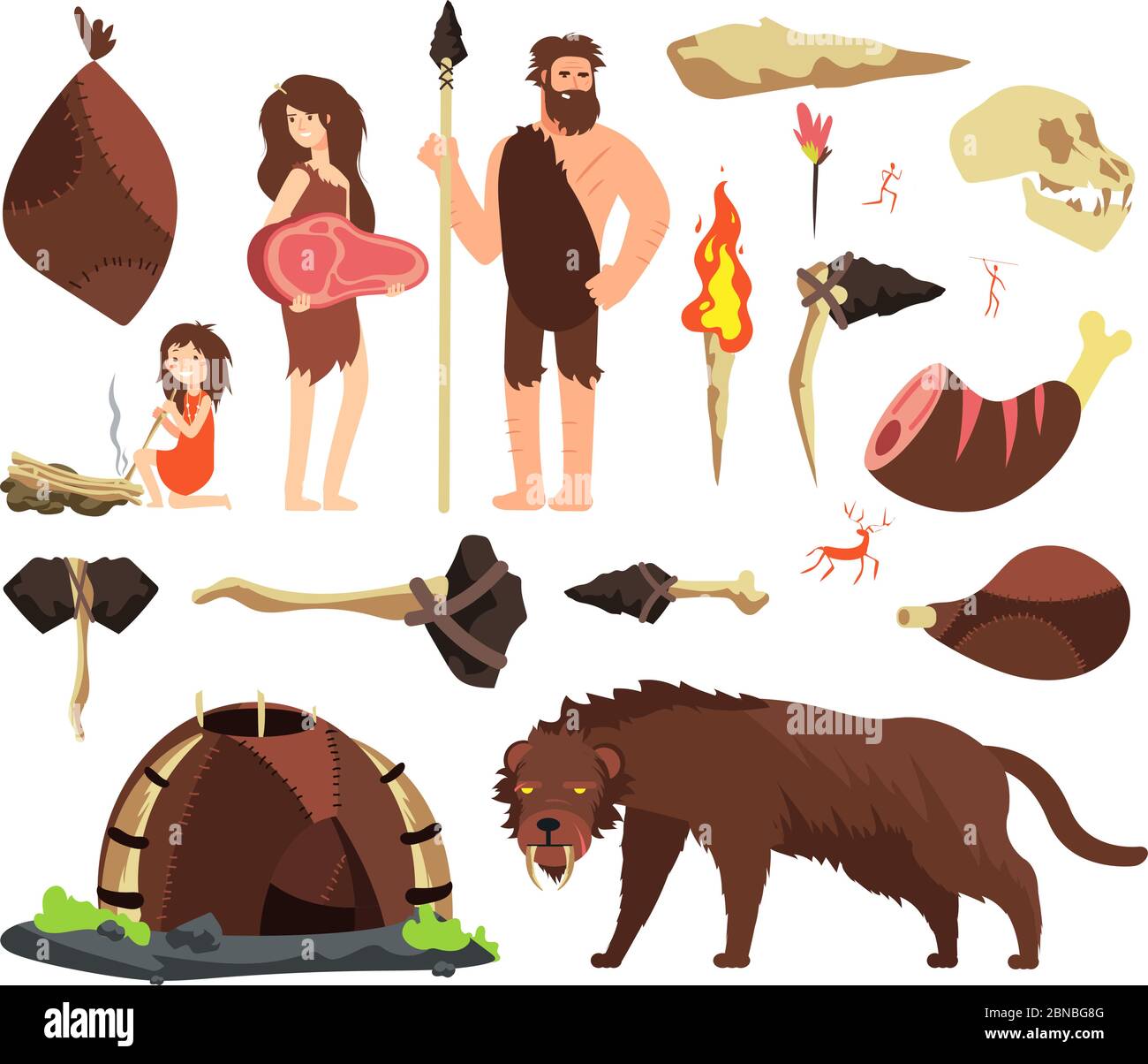 Stone age caveman. Hunting neolithic people, mammoth and prehistoric tools. Vector cartoon ancient human characters. Caveman family and hammer, ax tools illustration Stock Vector