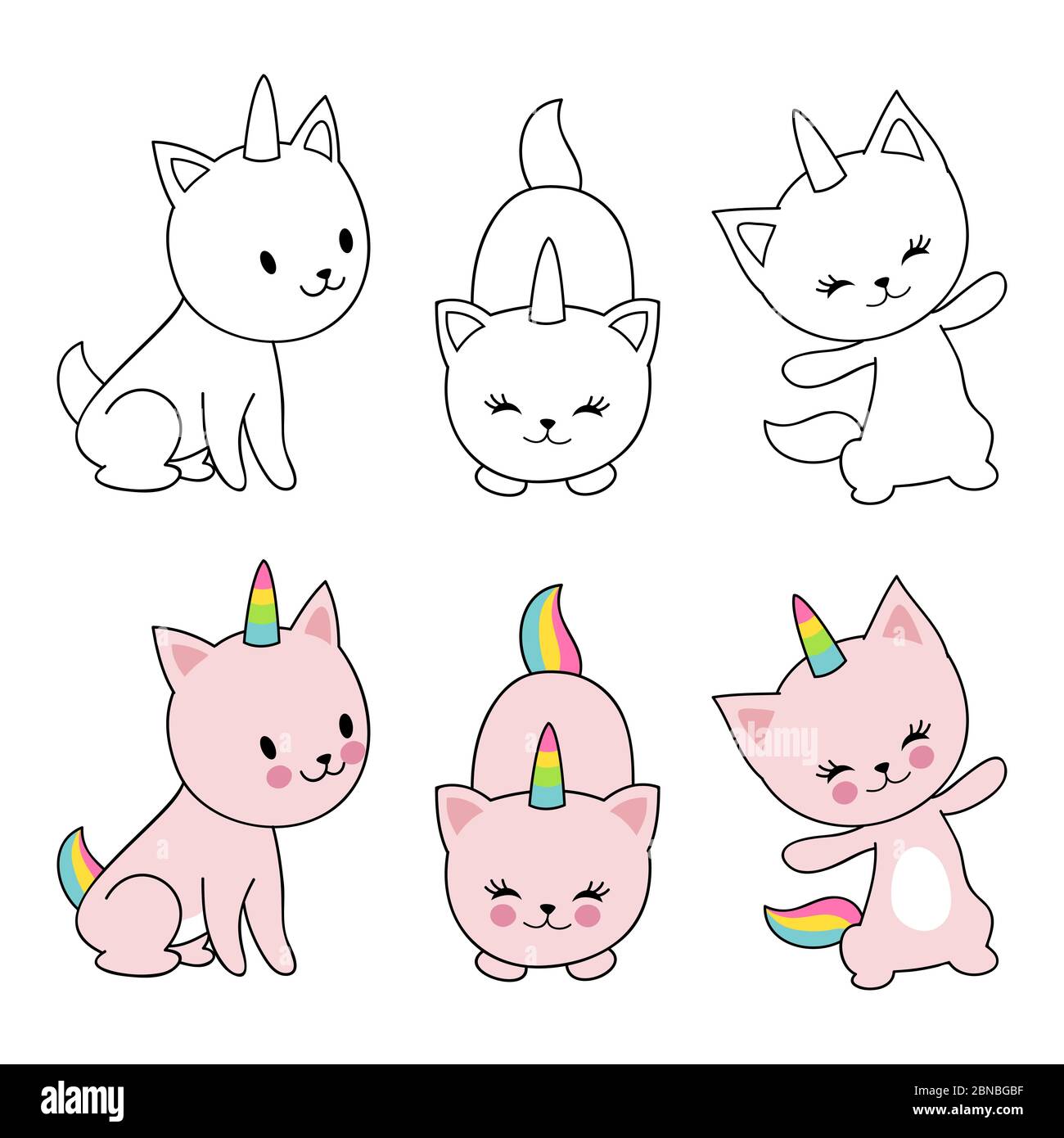 Cartoon character cats unicorn isolaten on white background. Kids coloring with cute kittens. Vector unicorn cat, funny animal character illustration Stock Vector
