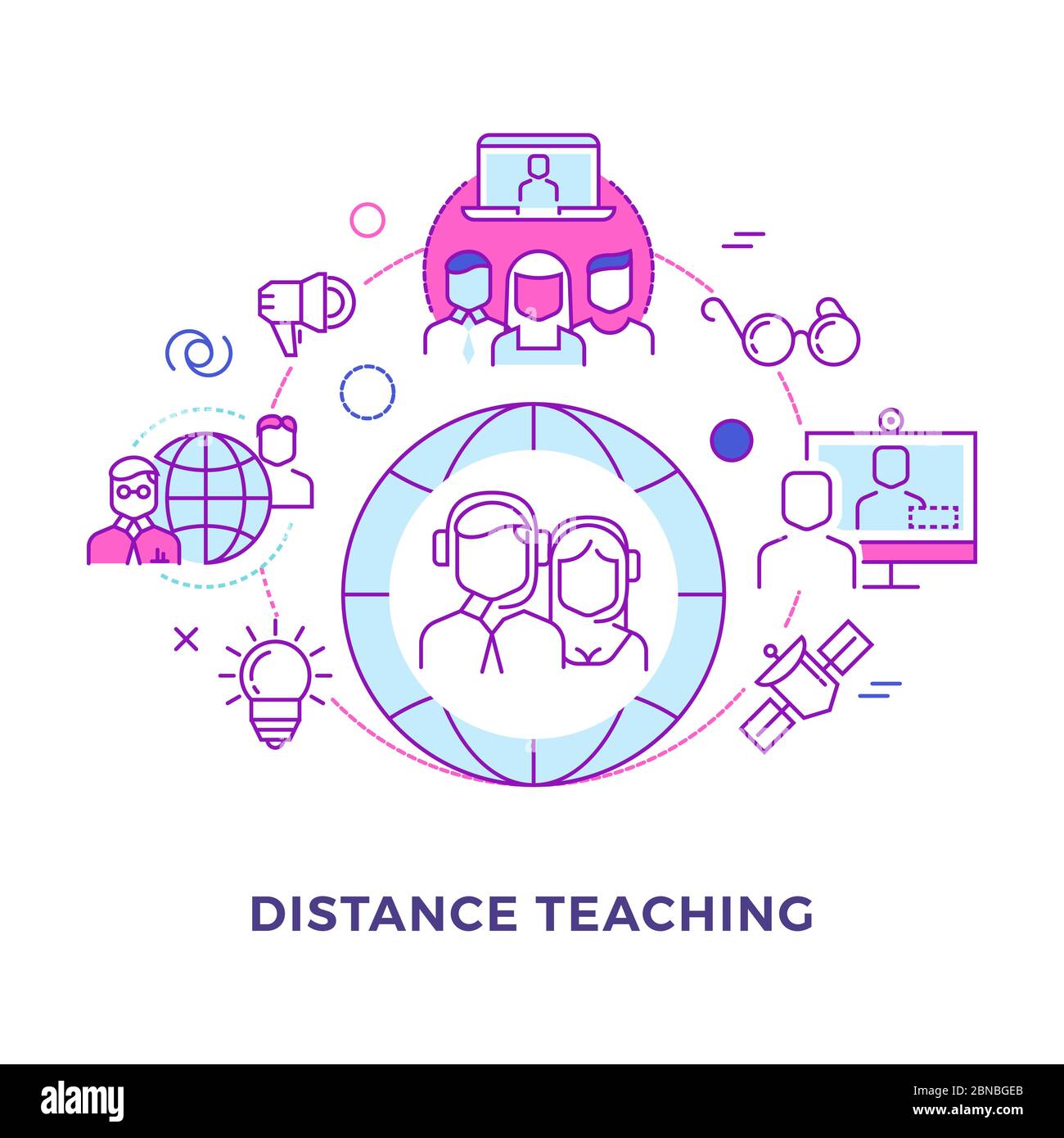 Distance teaching outline flat vector concept isolated on white. Illustration of training distance online, education and teaching Stock Vector