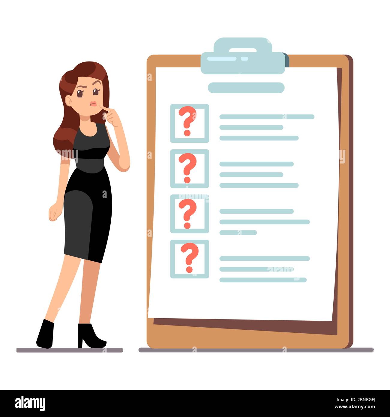 Cartoon young standing woman thinking about time management. Businesswoman have problems with her to do list. Illustration of thinking trouble, checklist with question marks Stock Vector
