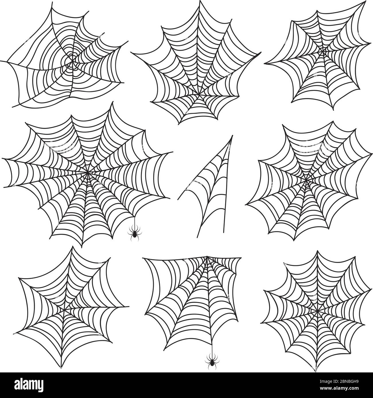 Halloween spiderweb. Black cobweb and spider silhouettes. Scary web vector graphics isolated on white background. Spiderweb silhouette, cobweb halloween illustration Stock Vector