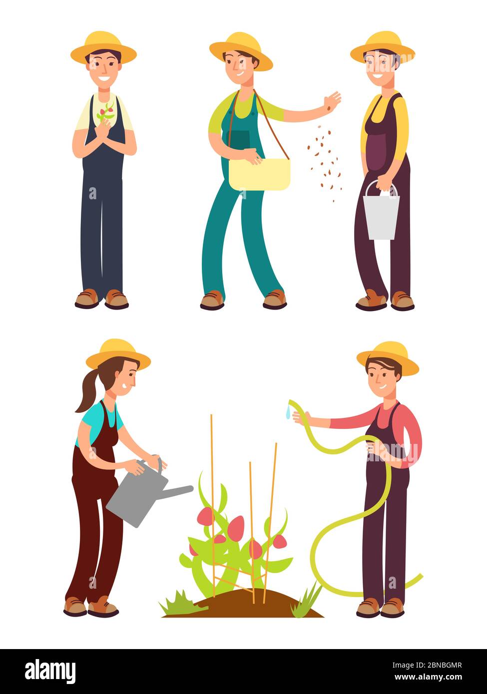 Female farmers cartoon vector set isolated on white. Female farmer, farm profession gardener illustration Stock Vector