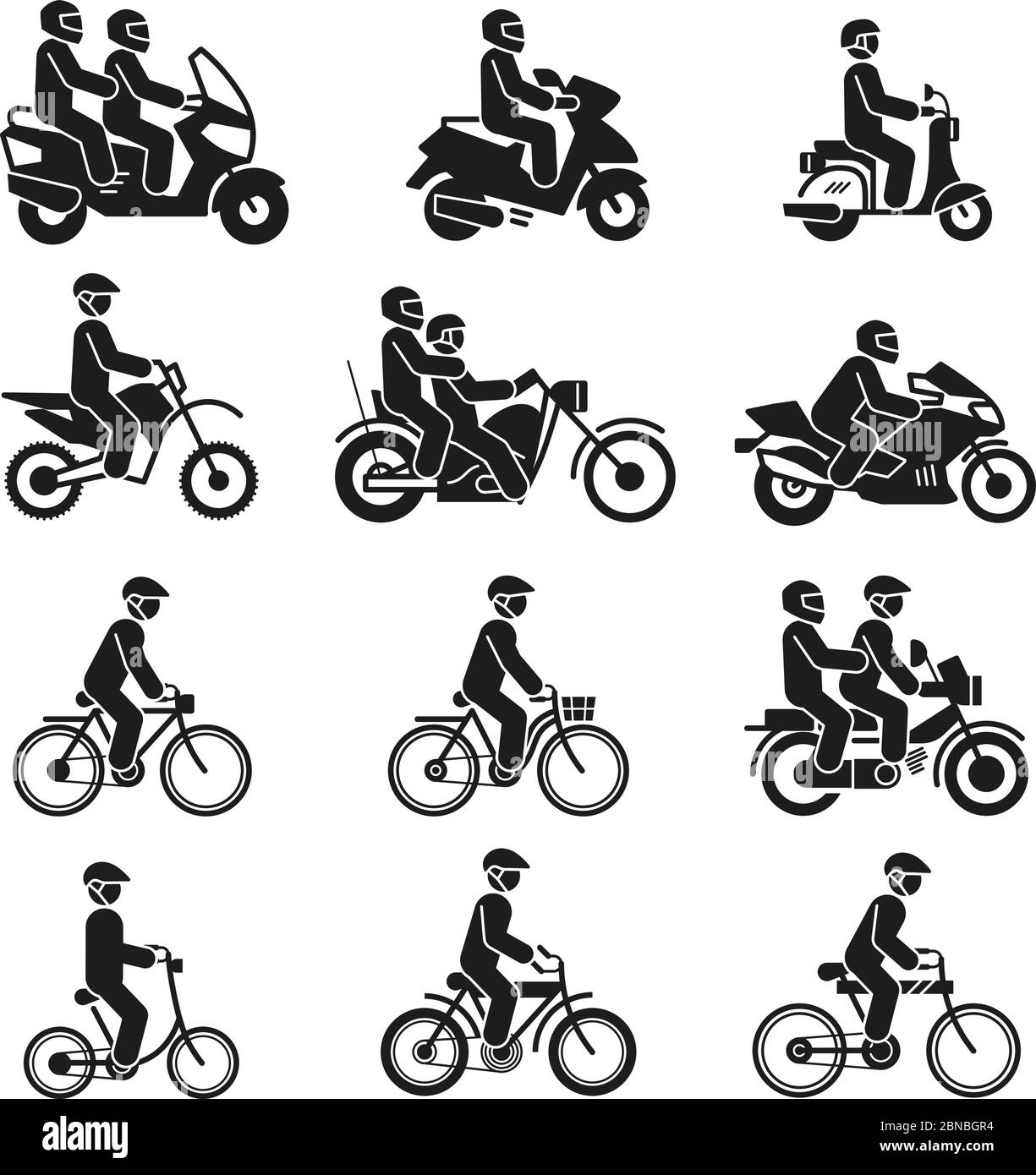 Motorcycles and bicycles icons. Moto vehicles with persons biker and cyclist vector pictograms isolated on white background. Illustration of motorcycle transport, bike and bicycle Stock Vector