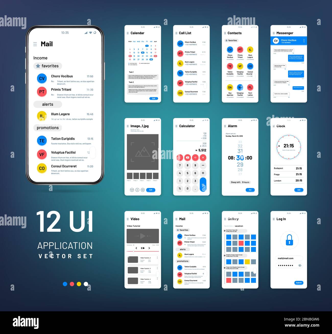 Screen wireframes. Mobile interface app wireframe kit. Ui vector templates. Application ui, weather and clock, email and alarm illustration Stock Vector