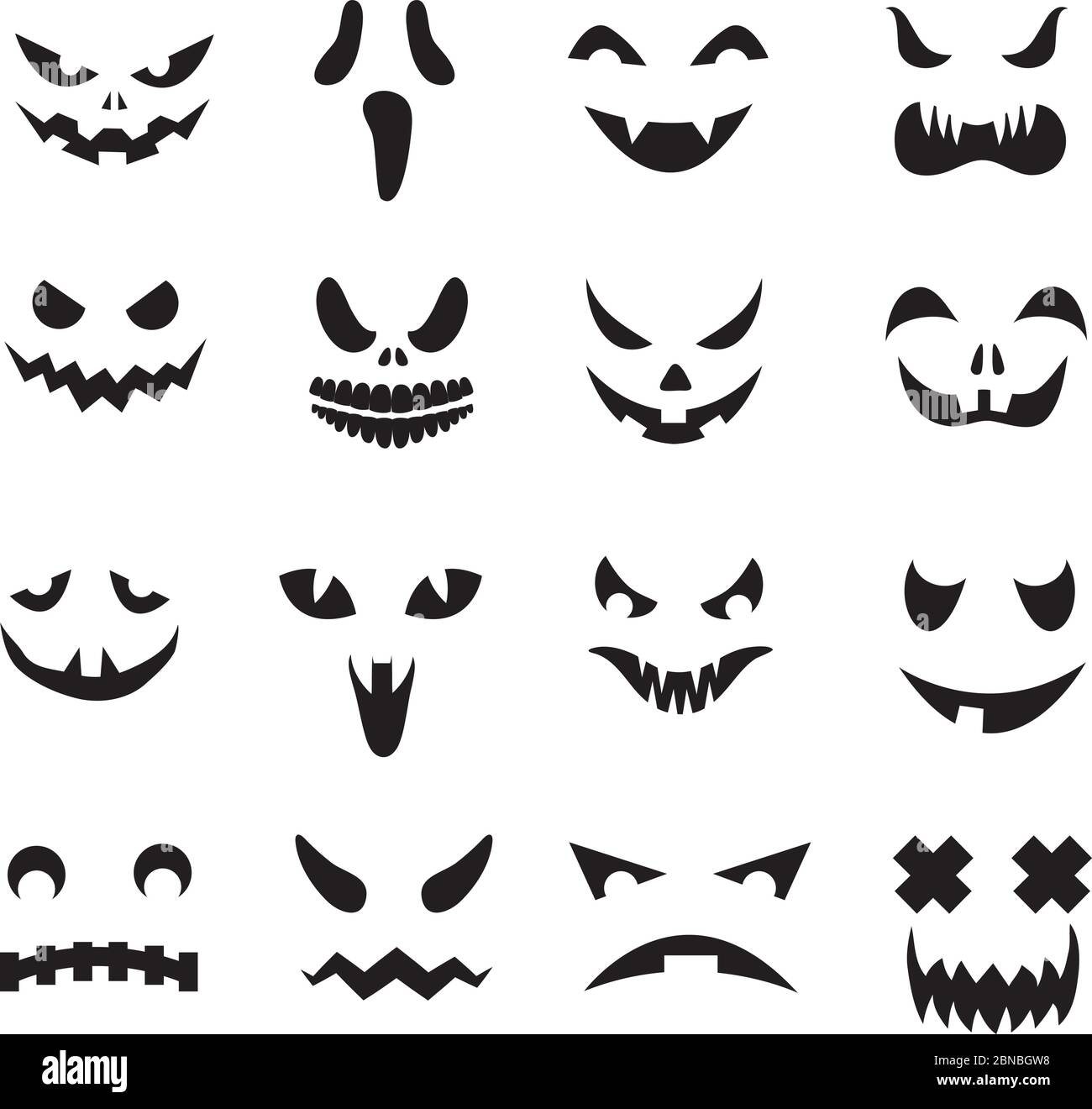 Pumpkin faces. Halloween jack o lantern face silhouettes. Monster ghost carving scary eyes and mouth vector icons set. Illustration of halloween face silhouette, scary monster pumpkin Stock Vector