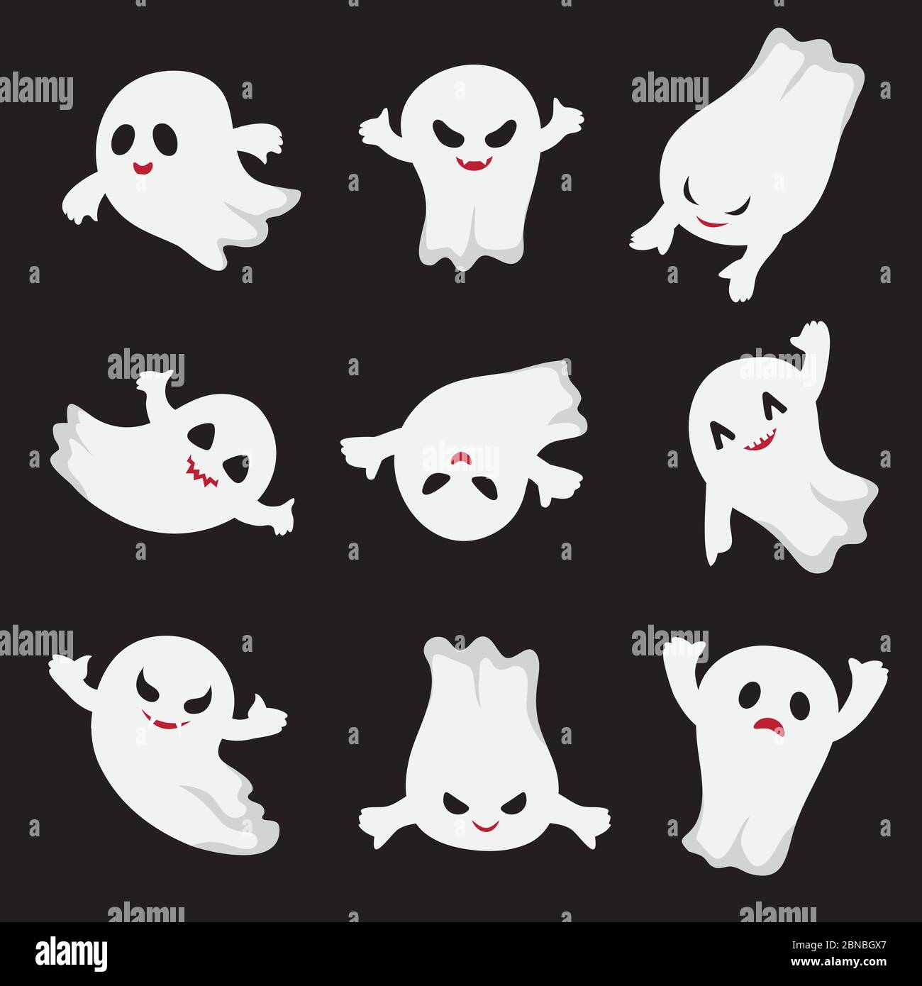 Halloween ghost. Ghostly cute cartoon characters. Devil monsters for frightened child. Vector collection spooky evil, scary ghost, horror ghostly illustration Stock Vector