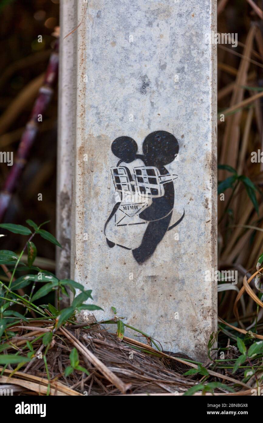 Sainte-Suzanne, La Réunion - June 14 2014: Stencil on an electric pole in the middle of a sugarcane field by IPEMIC, a famous street artist from Reuni Stock Photo