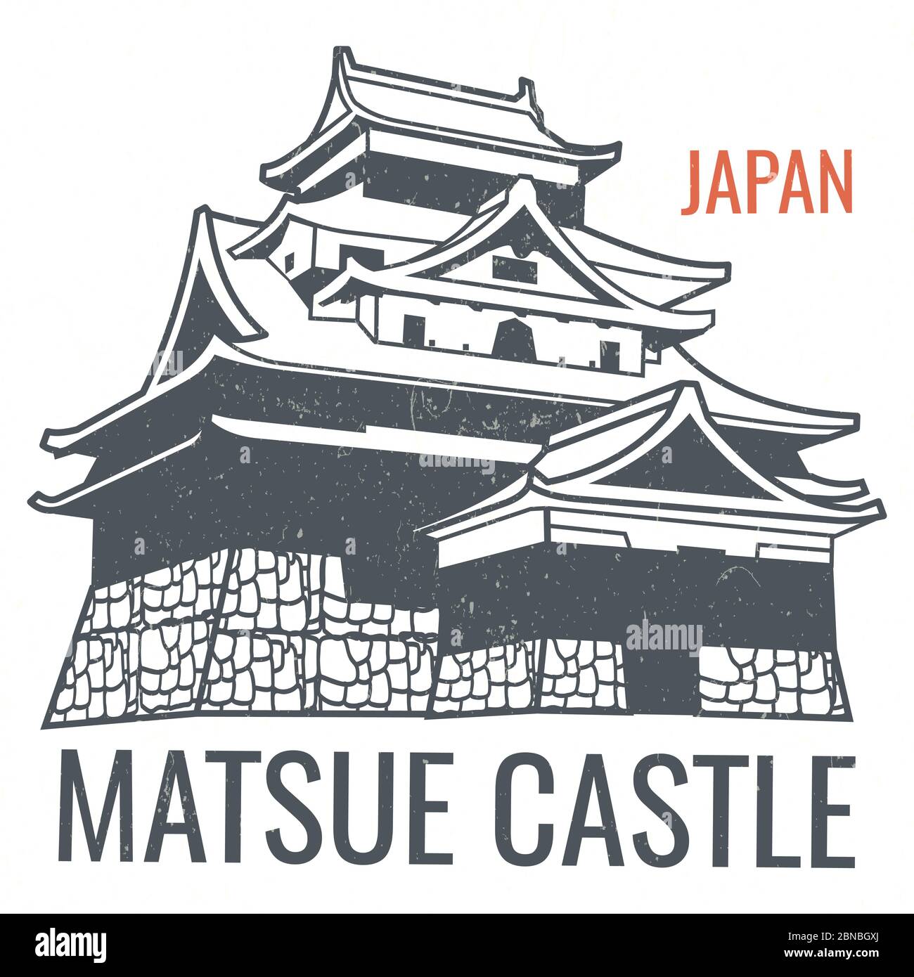 Vector travel poster with japanese sight castle silhouette. Illustration of silhouette castle japanese building Stock Vector