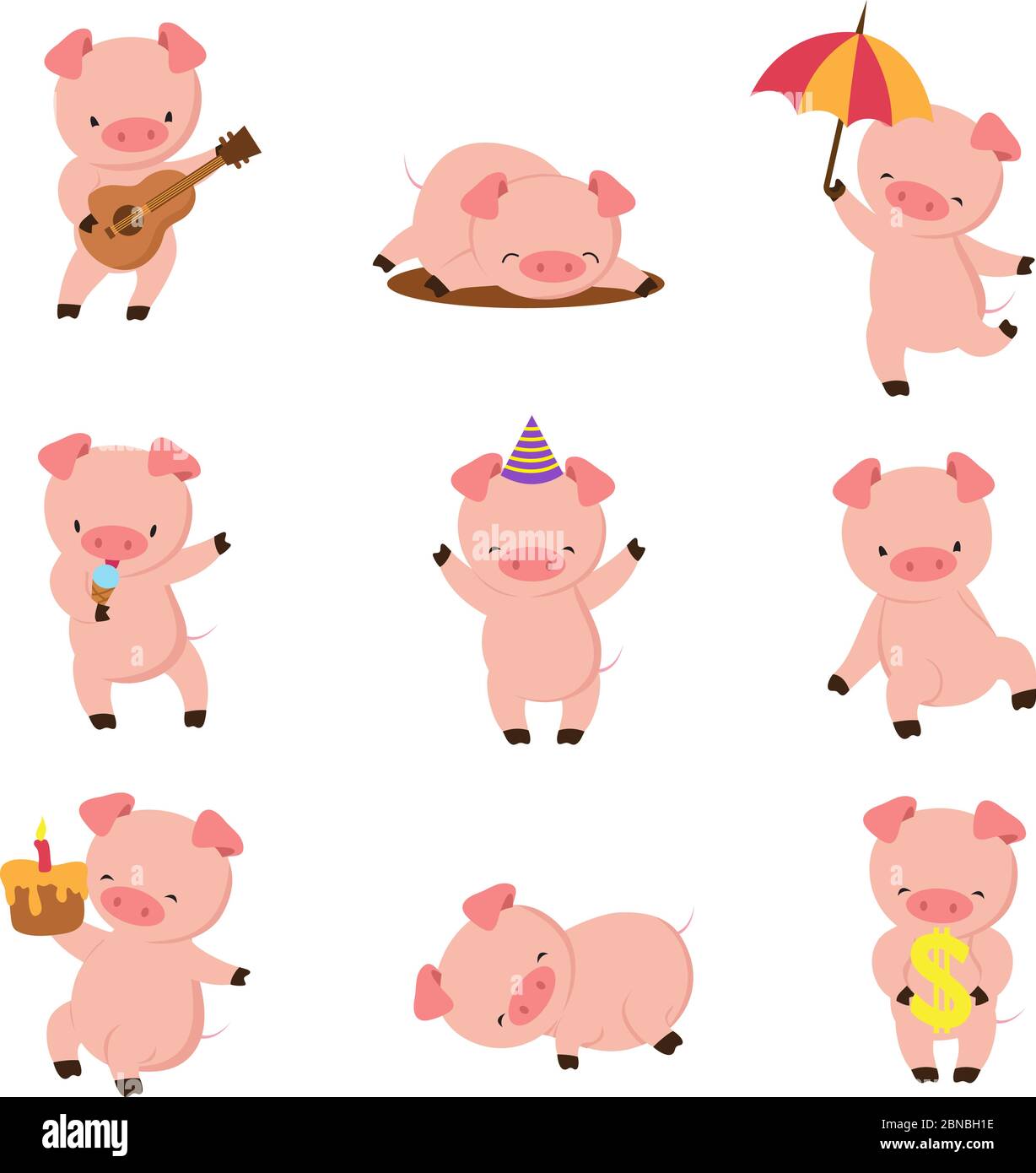 Cartoon pig. Cute smiling pigs playing in mud. Vector farm animal character set. Illustration of pig in mud, fun farm swine Stock Vector