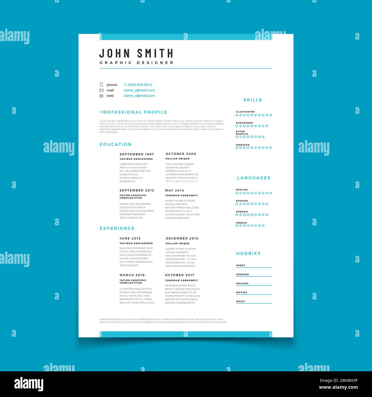 Cv personal profile. Resume curriculum vitae timeline data. Design vector web template. Personal page cv with timeline layout and data profile illustration Stock Vector