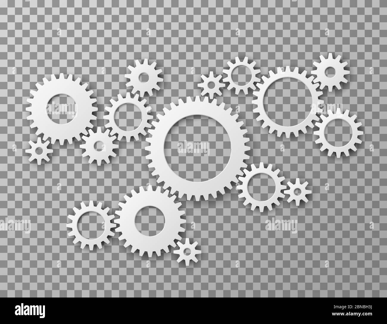 Gears background. Cogwheels gearing isolated on transparent background. Machine components industrial and engineering vector concept. Illustration of gear cogwheel, mechanical mechanism process Stock Vector