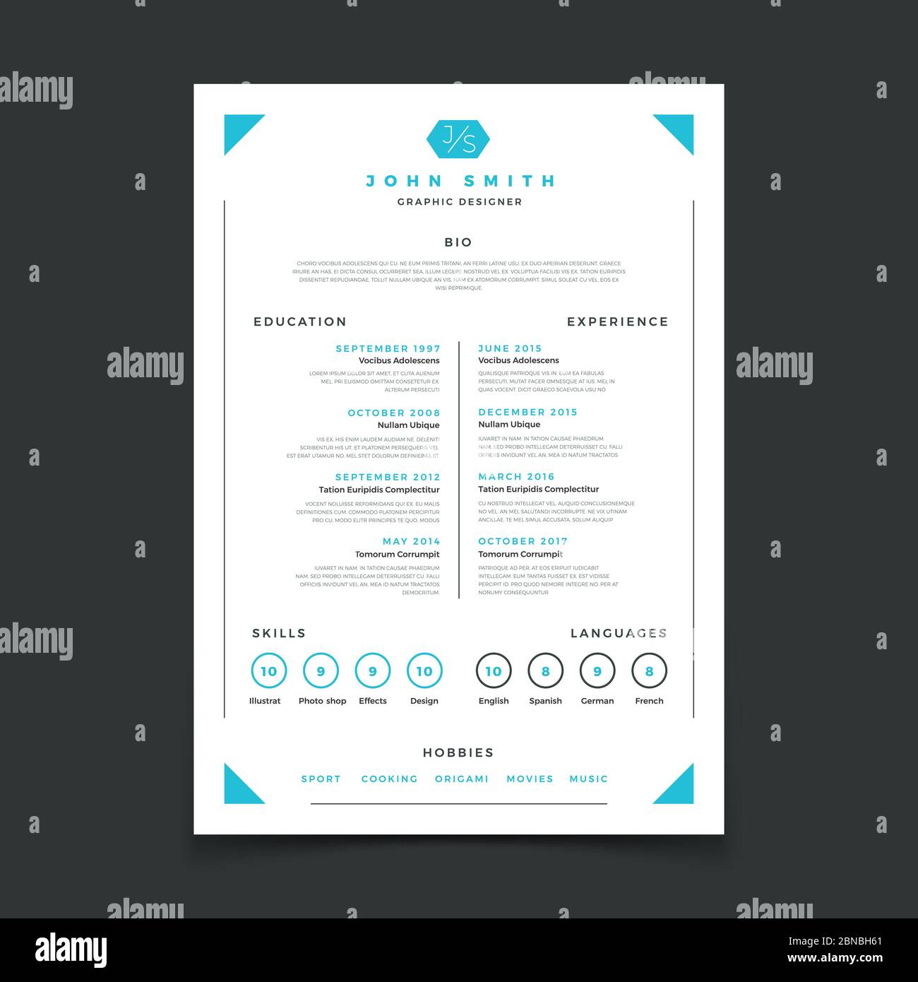 Cv template. Professional resume design with business details. Curriculum and best work resume vector mockup. Illustration of interview candidate, education skill and language, experience and hobby Stock Vector