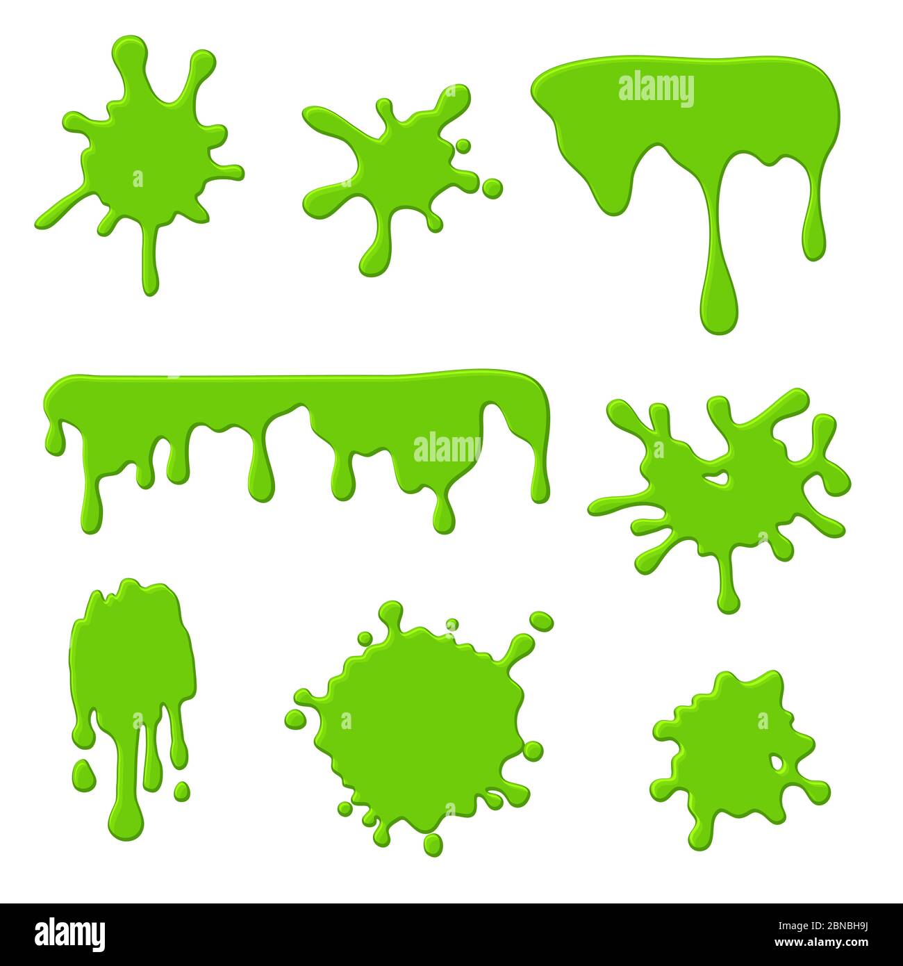 Green slime. Goo spooky dripping liquid, blots and splashes. Border for halloween scary slime banner. Vector isolated set. Illustration green stain and blob, slime splash, slimy ooze Stock Vector