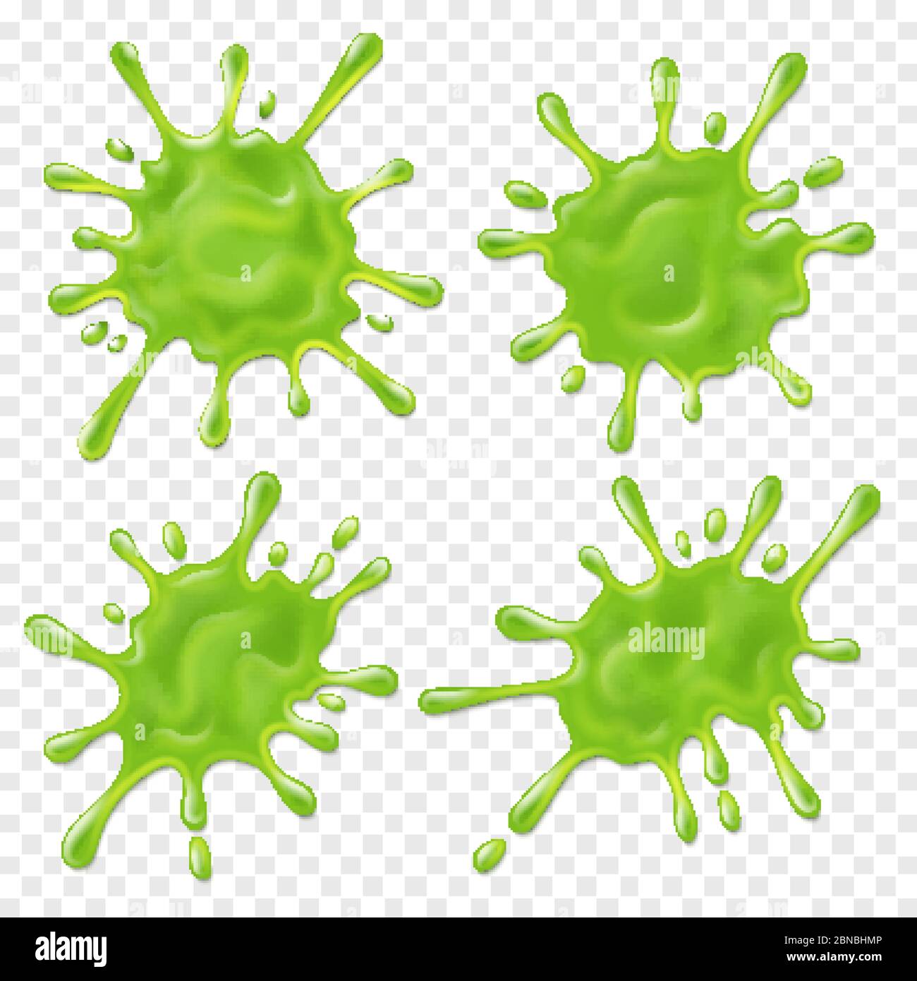 Green slime. Realistic dirt splat, goo dripping splodges of slime. Isolated vector set. Illustration of blot splash, splatter toxic slime Stock Vector