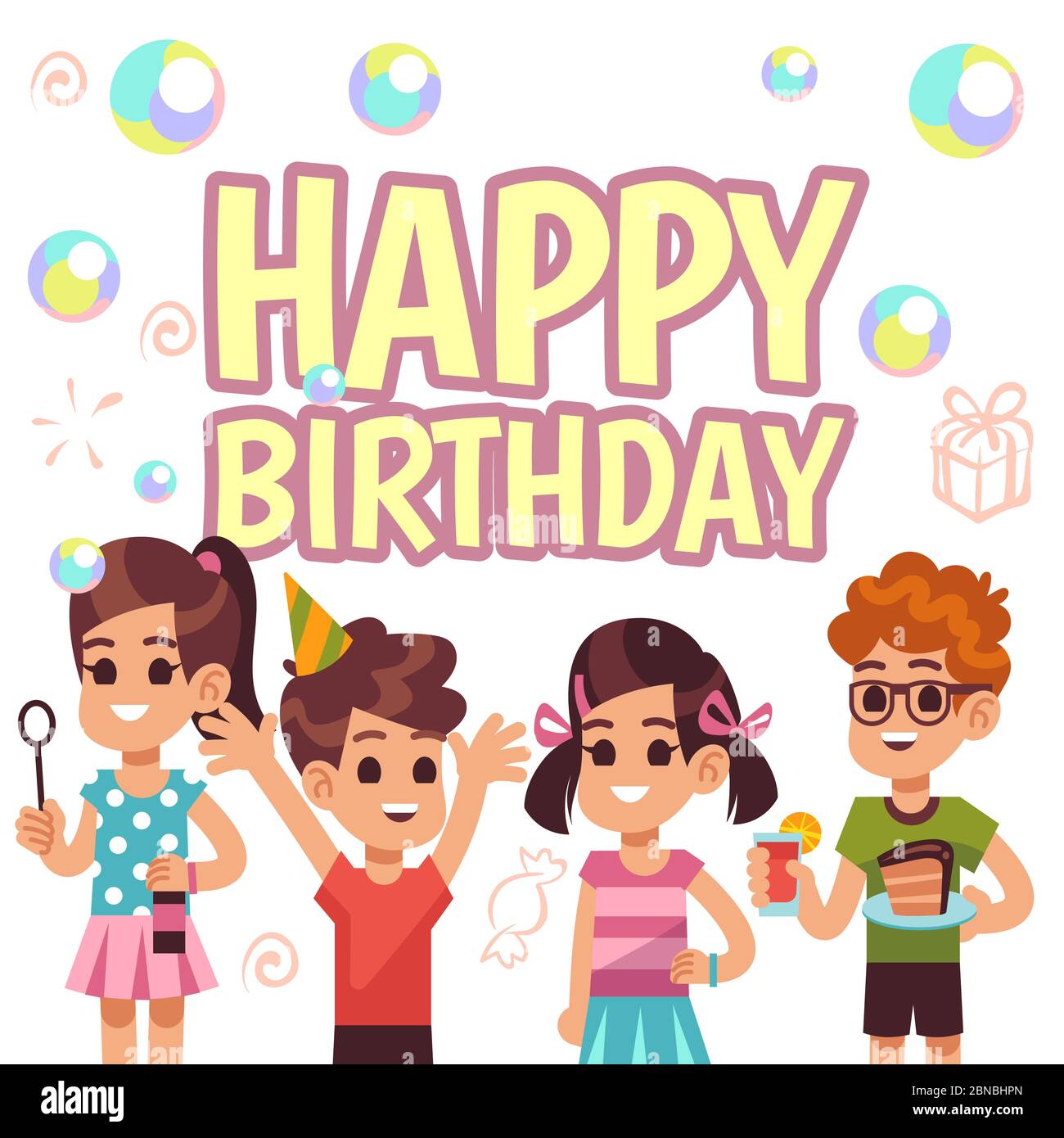 Kids birthday poster. Children on celebration party. Vector ...