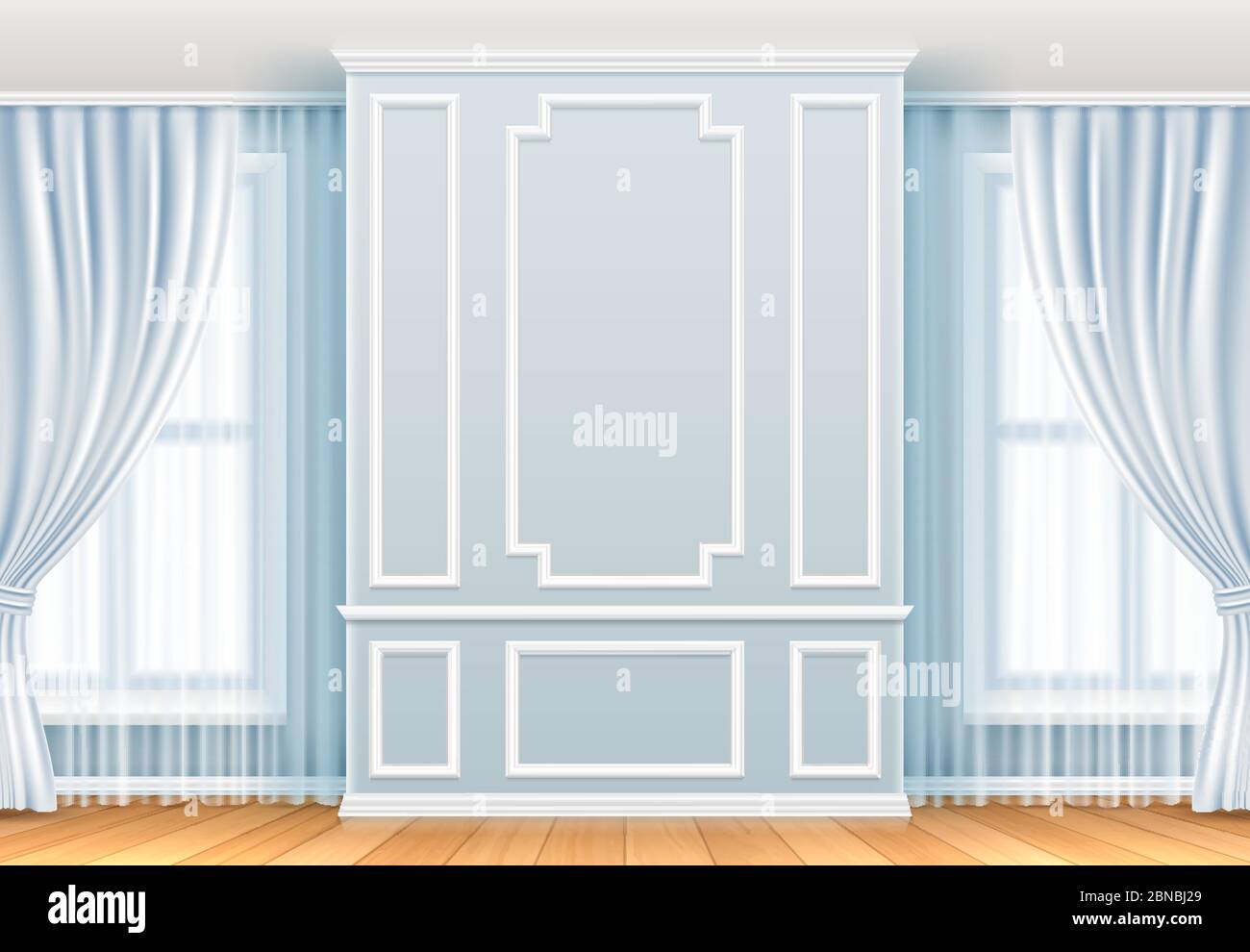 Classic interior. White wall with moulding frames and window. Home room vintage vector decoration. Interior molding wall elegance background illustration Stock Vector