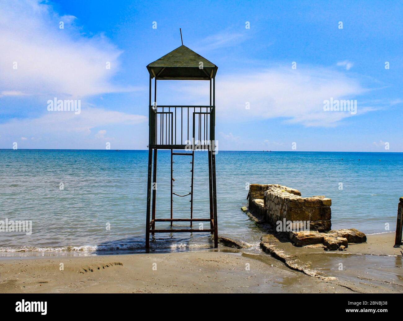 A beach guard lookout tower on Laganas Beach, Zante, Greece. Stock Photo