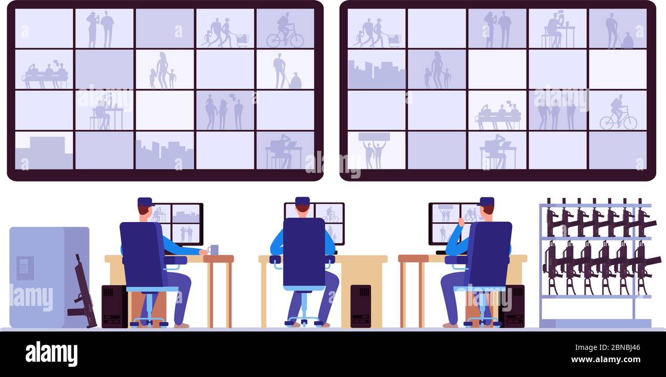 Security room. Professionals monitoring in control center with cctv monitors. Cctv monitor center room, monitoring security illustration Stock Vector