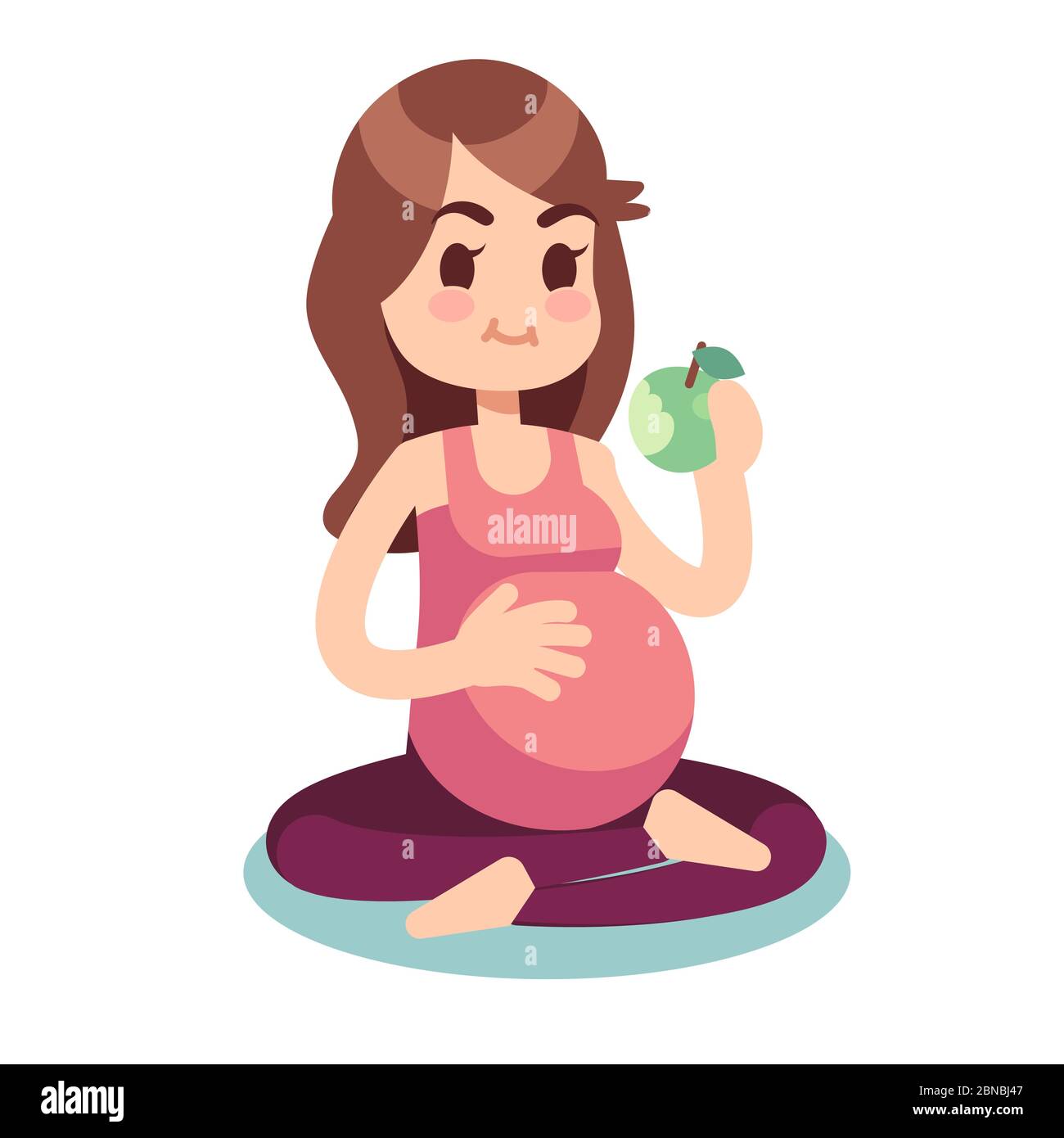 Pregnancy diet concept. Pregnant eating apple in lotus pose. Healthy food and fitness lifestyle vector illustration. Pregnant female, pregnancy woman diet Stock Vector