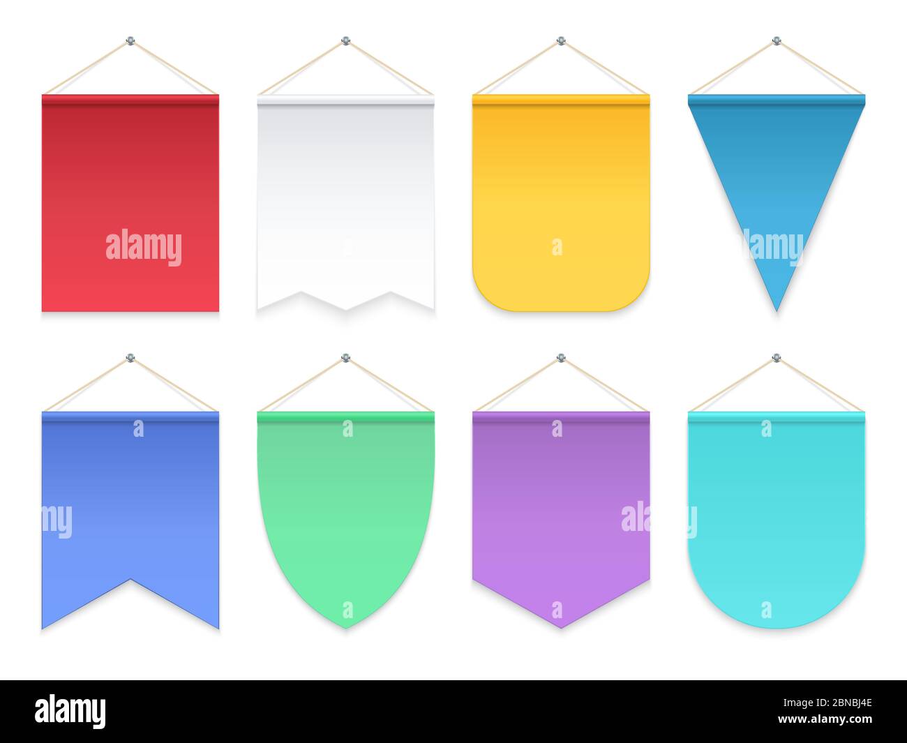 Color pennant. Triangle hanging banners and flags. Fabric football team pennants vector template. Illustration of colored banner vertical, empty blank for advertising or symbol Stock Vector