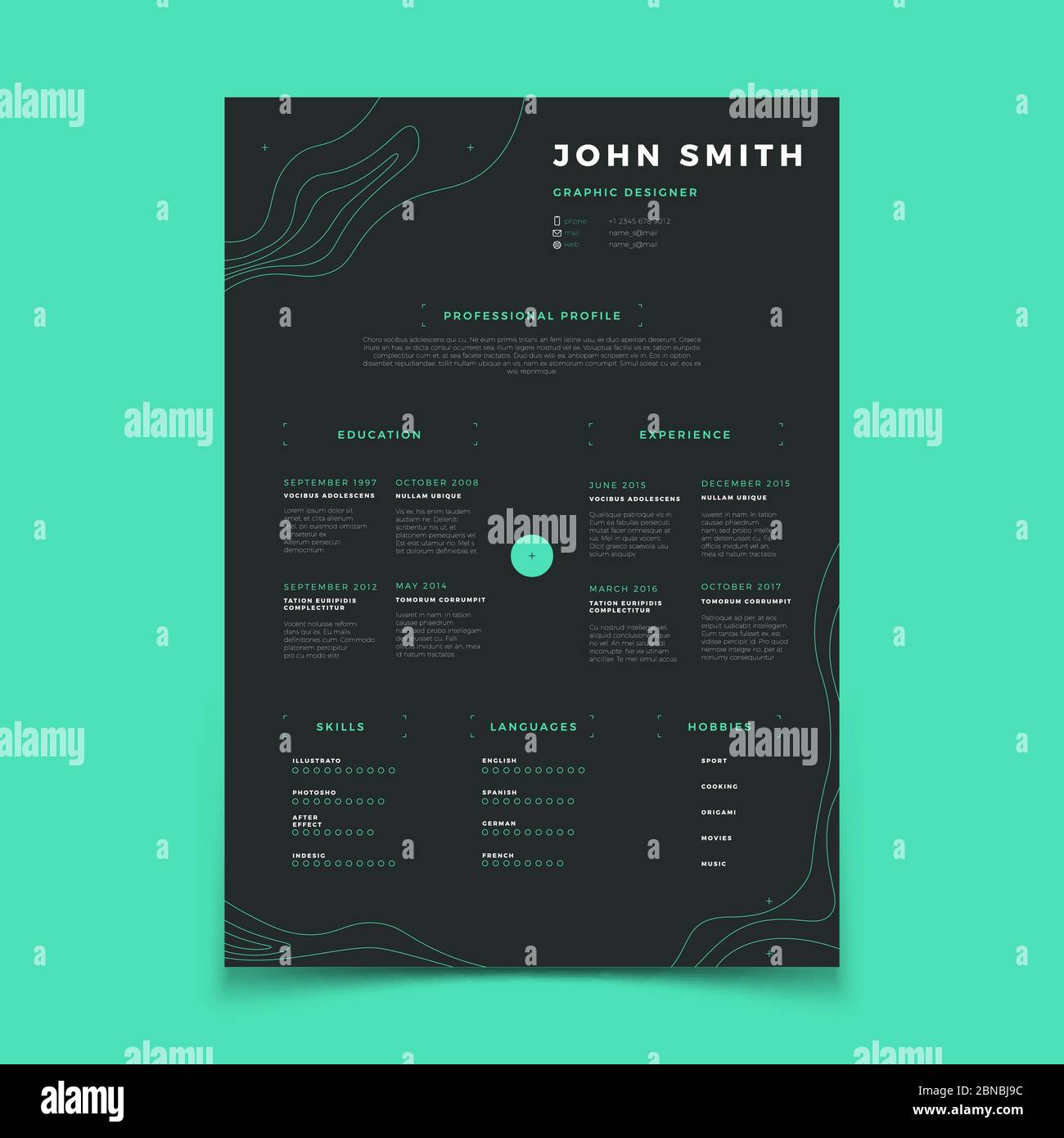 Curriculum vitae template. Cv resume for placeholder company vector layout. Illustration of vitae curriculum profile with language, hobby and skill Stock Vector