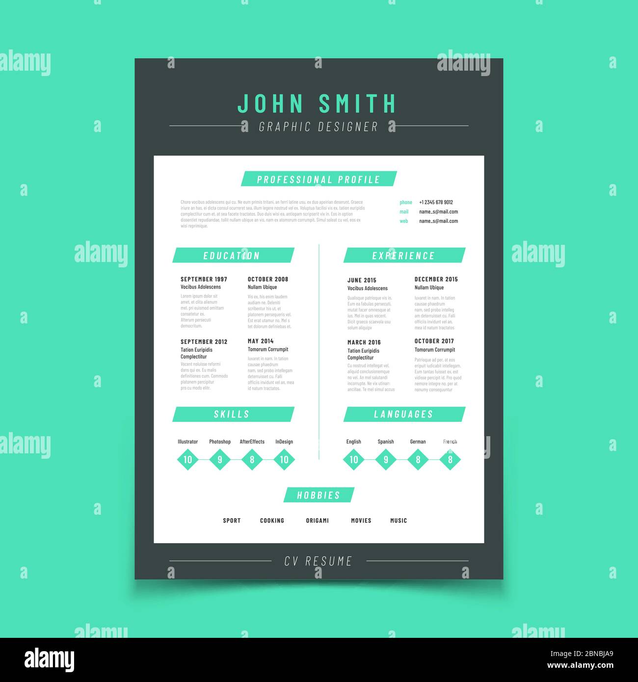 Resume letter. Personal cv sample with professional vitae and curriculum vector template. Resume form cv sample, education and skill, language and hobby illustration Stock Vector