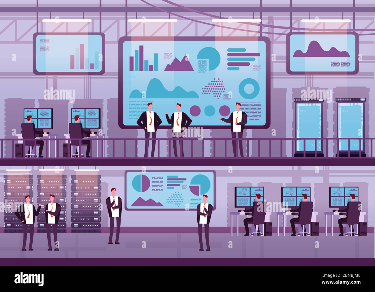 Control center. Business people working with computers big monitor. Brokers trading on stock exchange in datacenter. Vector concept broker people, market finance illustration Stock Vector