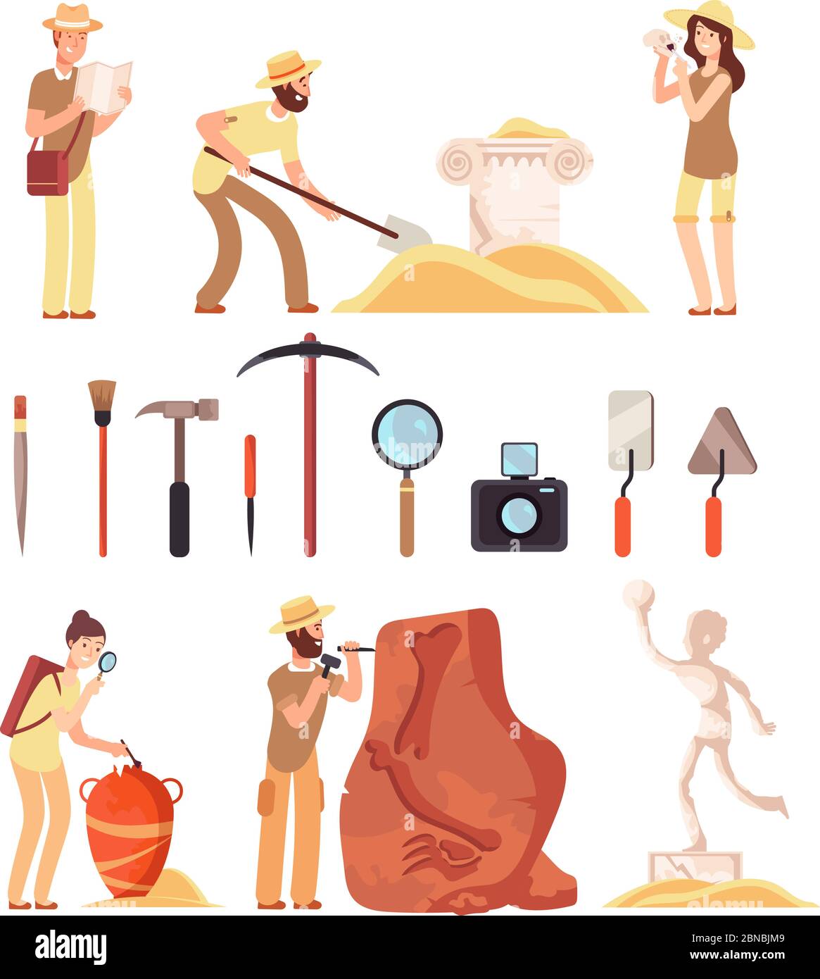 Archeology. Archeologist people, paleontology tools and ancient history artifacts. Vector cartoon isolated set. Illustration of archaeological instrument and discover Stock Vector