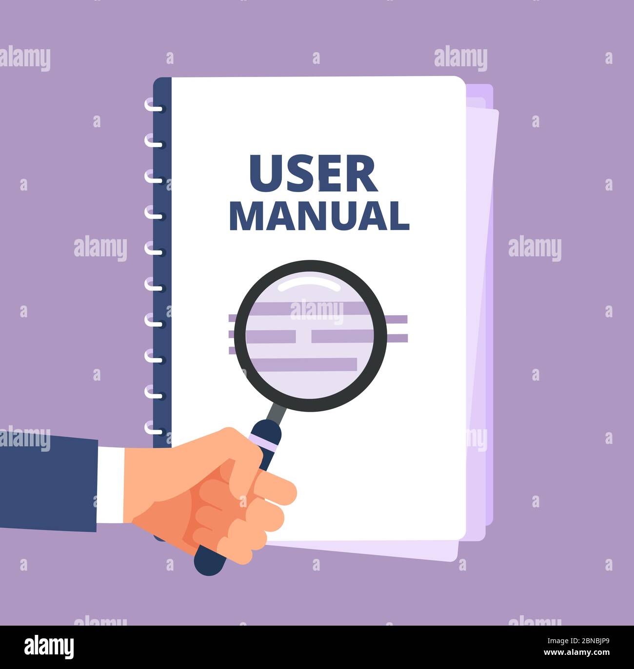 User manual with magnifying glass. User guide document and magnifier. Handbook, handbook, instruction and guidebook vector icon. Illustration of instruction handbook with information help Stock Vector