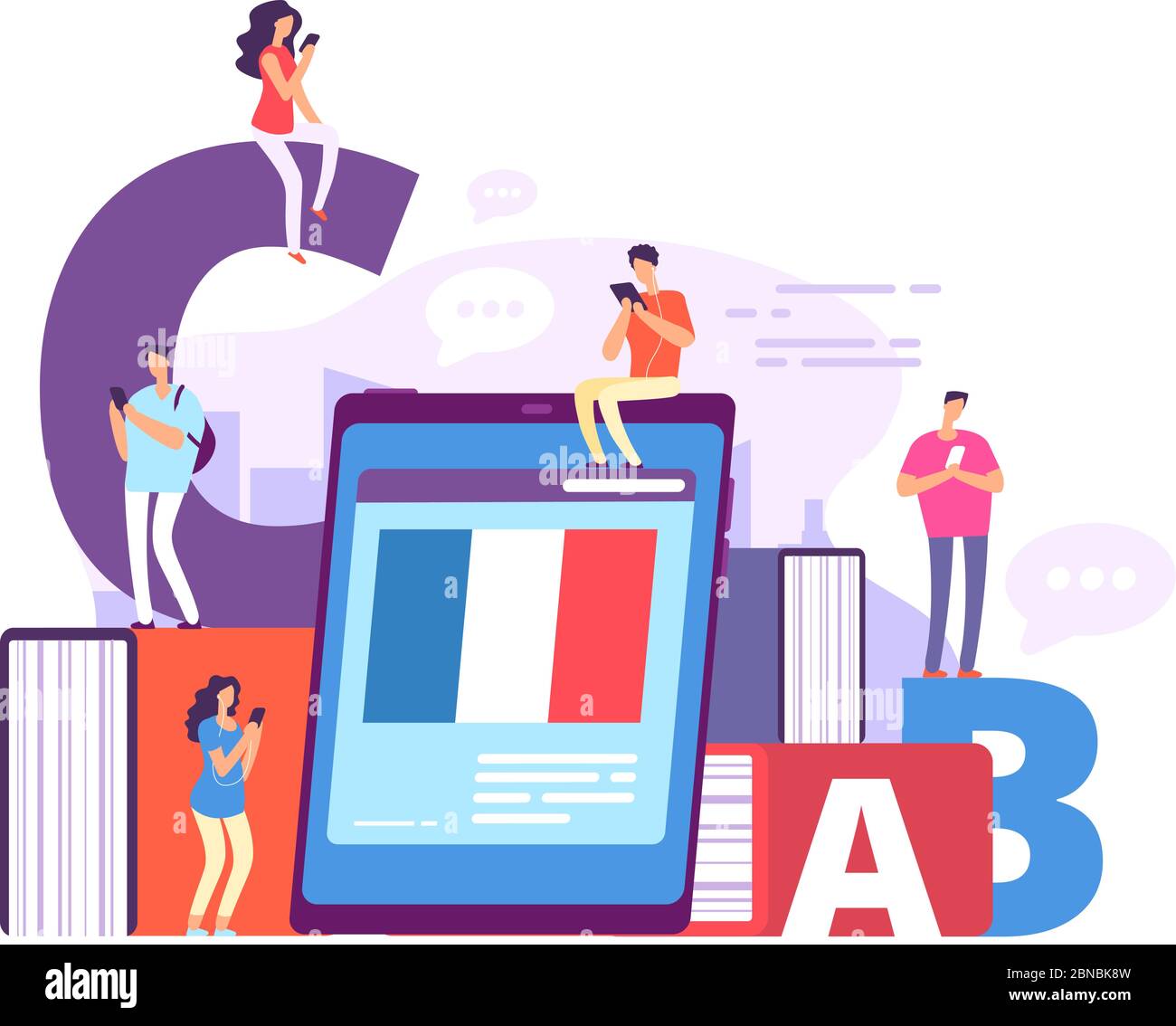 Foreign language online learning. People with smartphones studying french with online teacher. Education vector concept. Illustration of online training and teaching Stock Vector